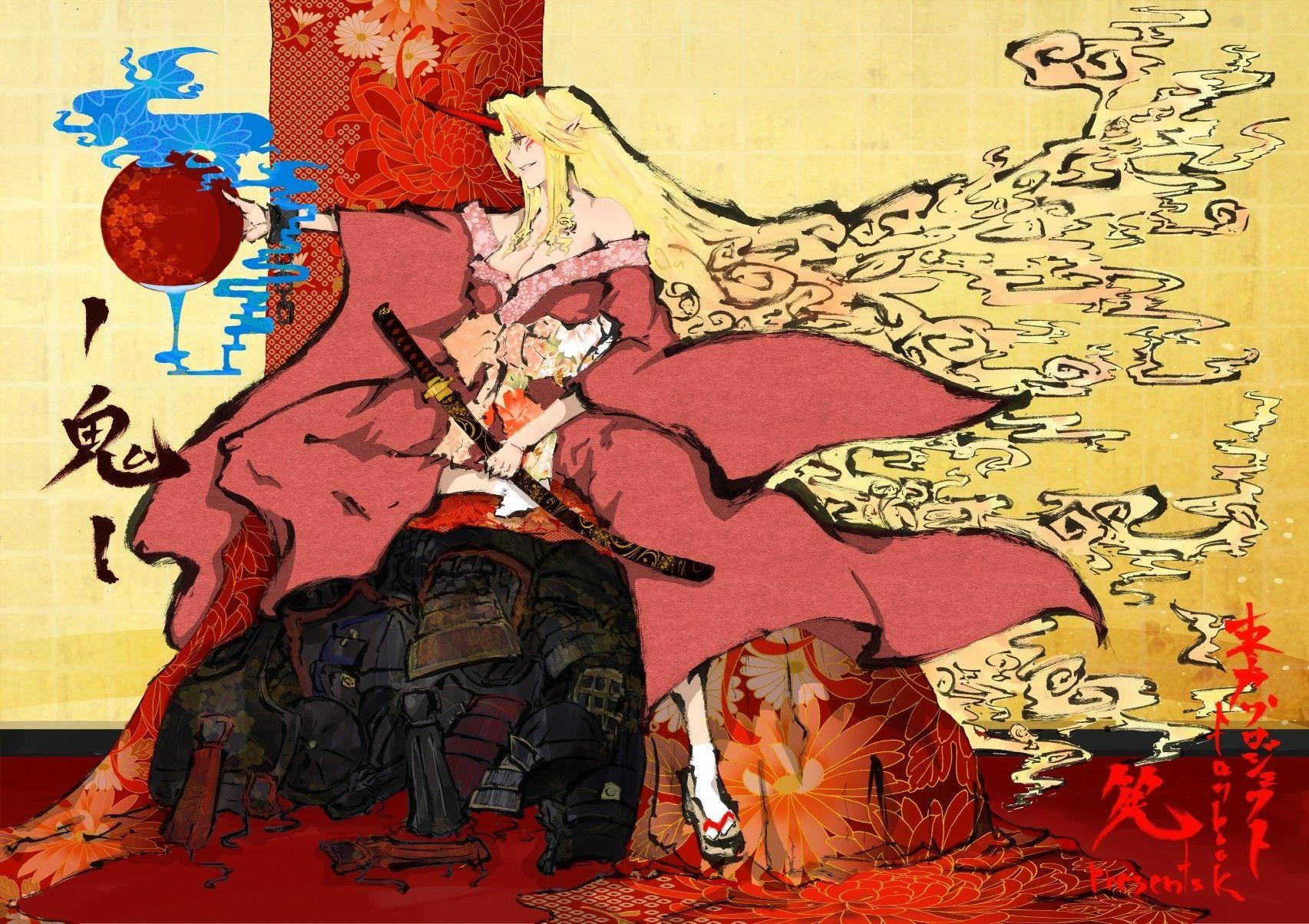 1705x1204 blondes women touhou horns oni hoshiguma yuugi japanese clothes