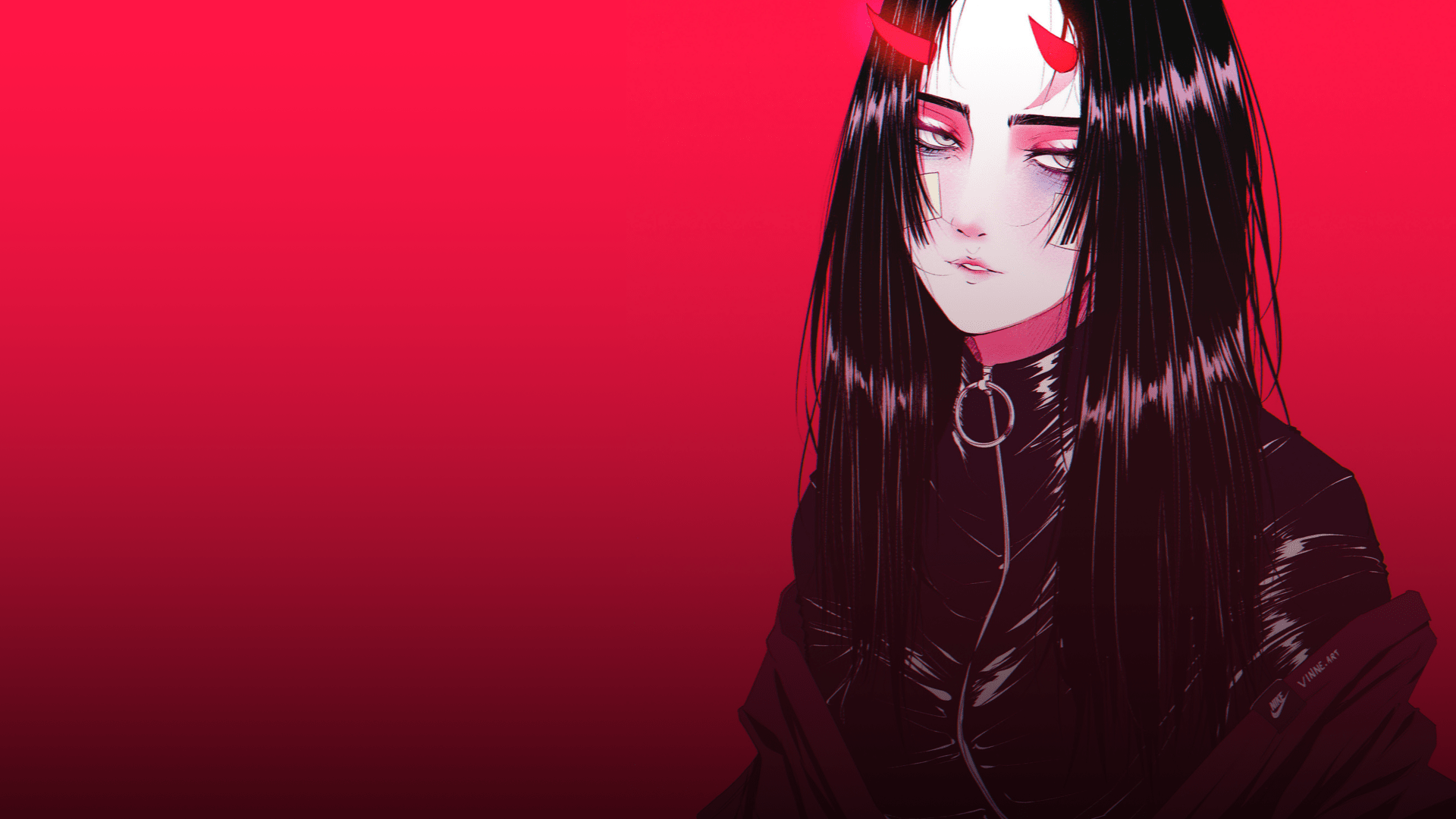 1920x1080 women, #long hair, #drawn, #demon horns, #horns, #black hair, #red