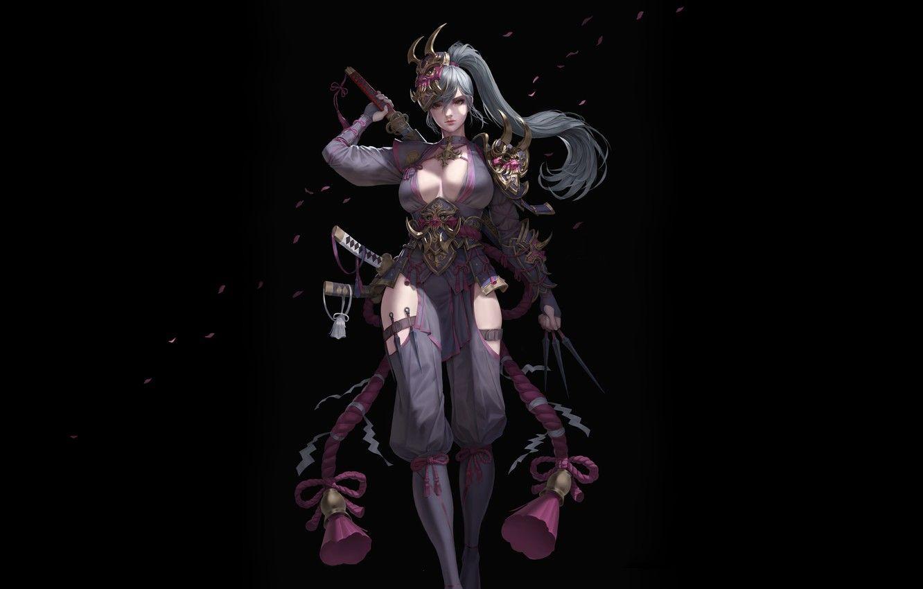 1332x850 Wallpaper Girl, , Art, Style, Minimalism, Sword, Swords