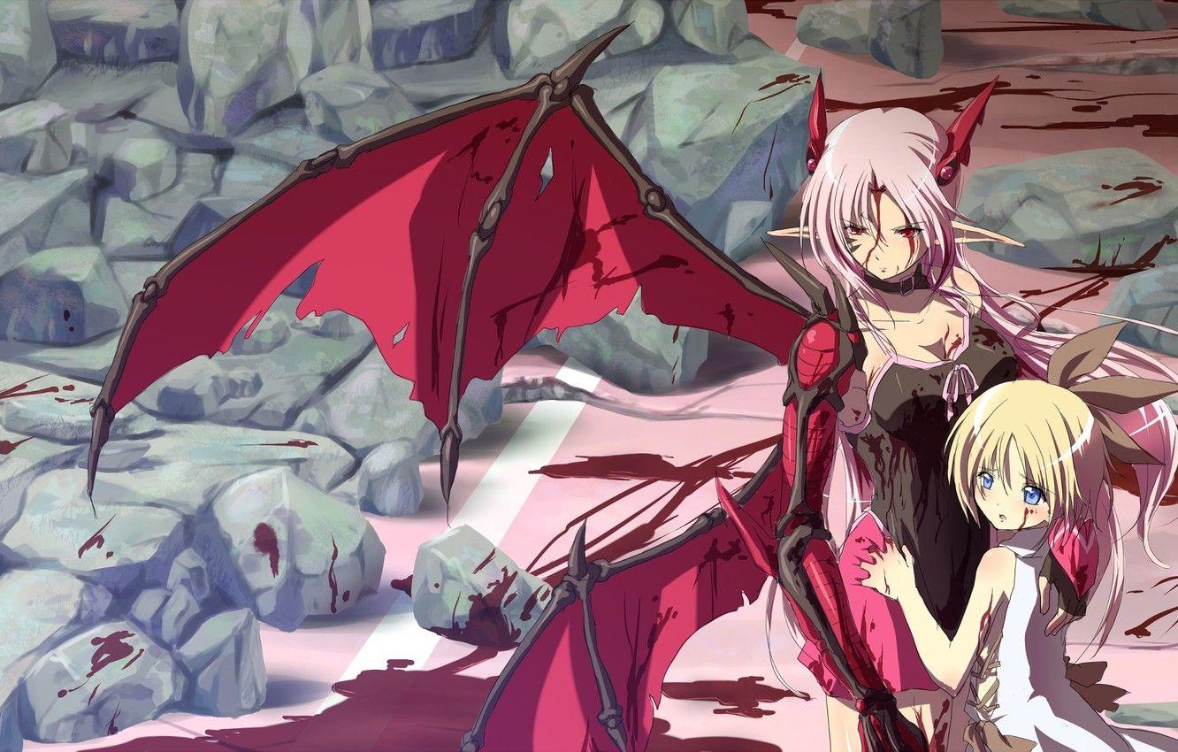 1332x850 Wallpaper battlefield, girl, sword, blood, rock, devil, anime, ken