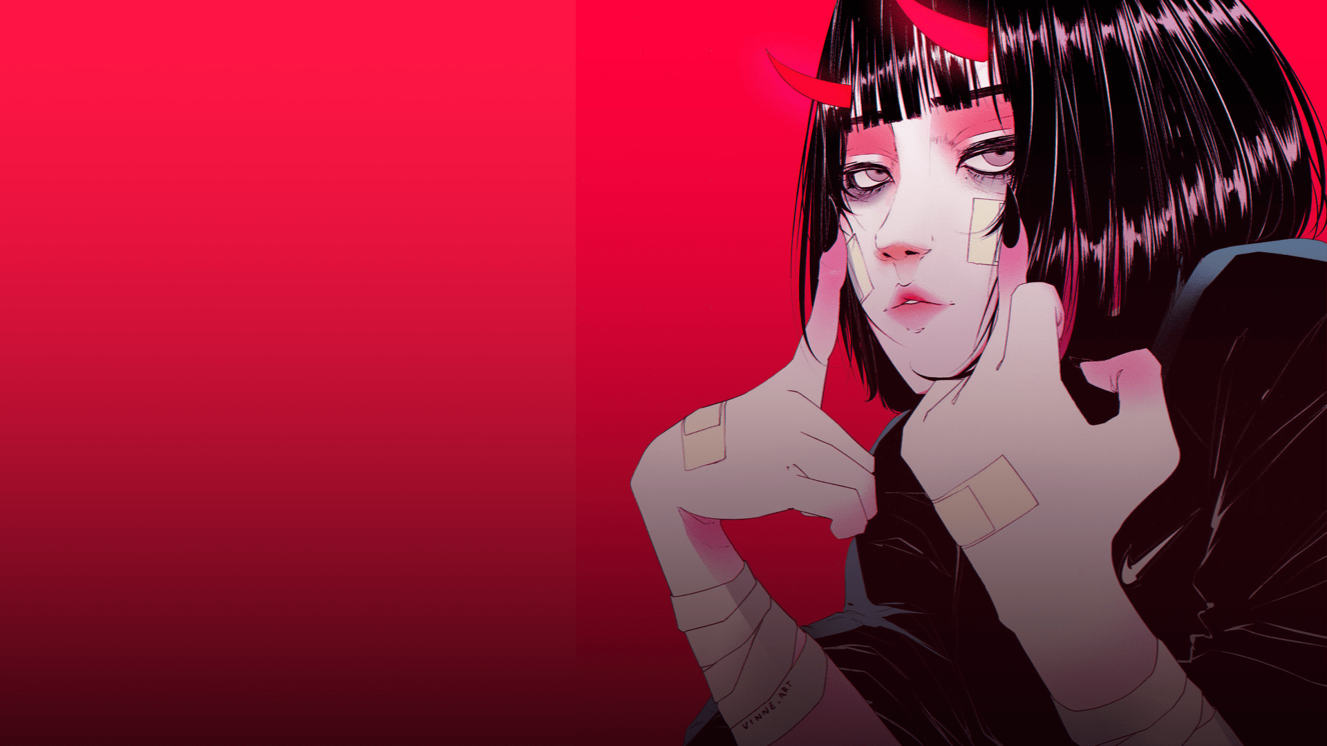 1920x1080 women, #short hair, #bob hairstyle, #bangs, #drawn, #demon horns