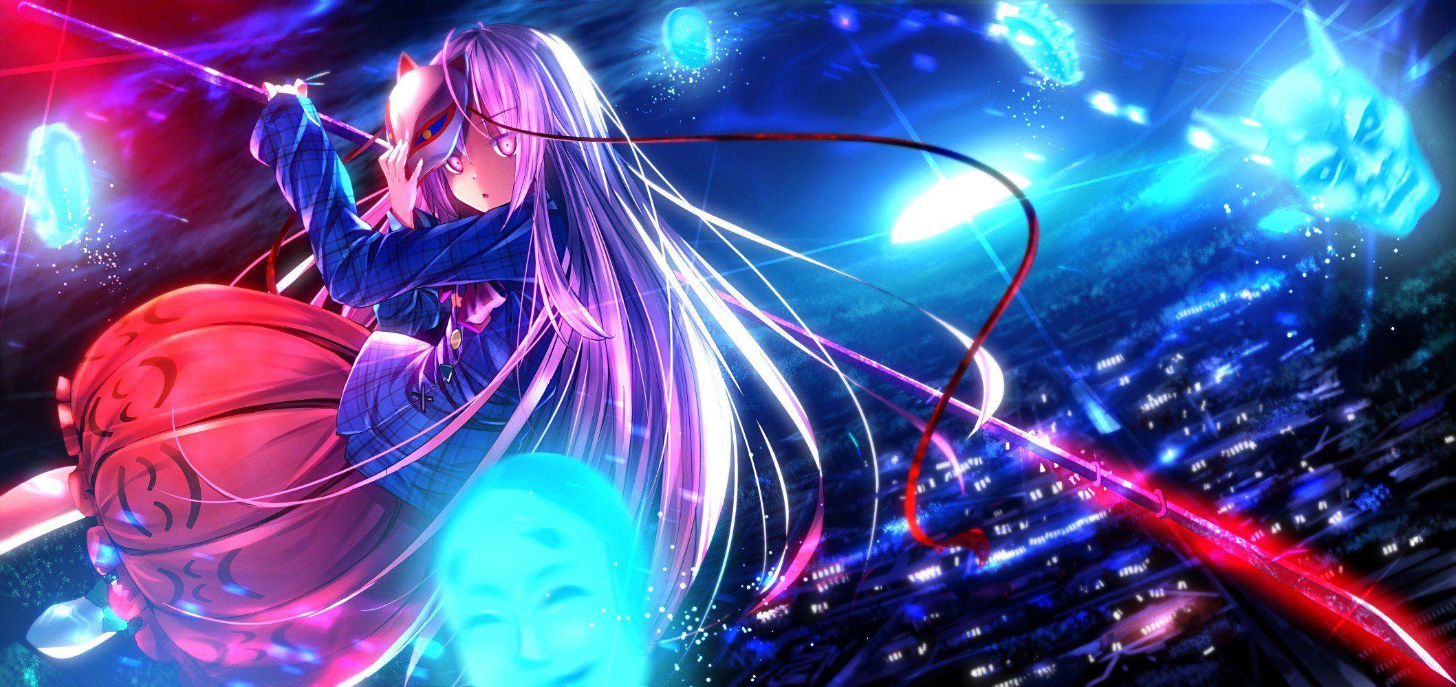 2117x1000 video, Games, Clouds, Touhou, Night, Flying, Moon, Skirts, Long