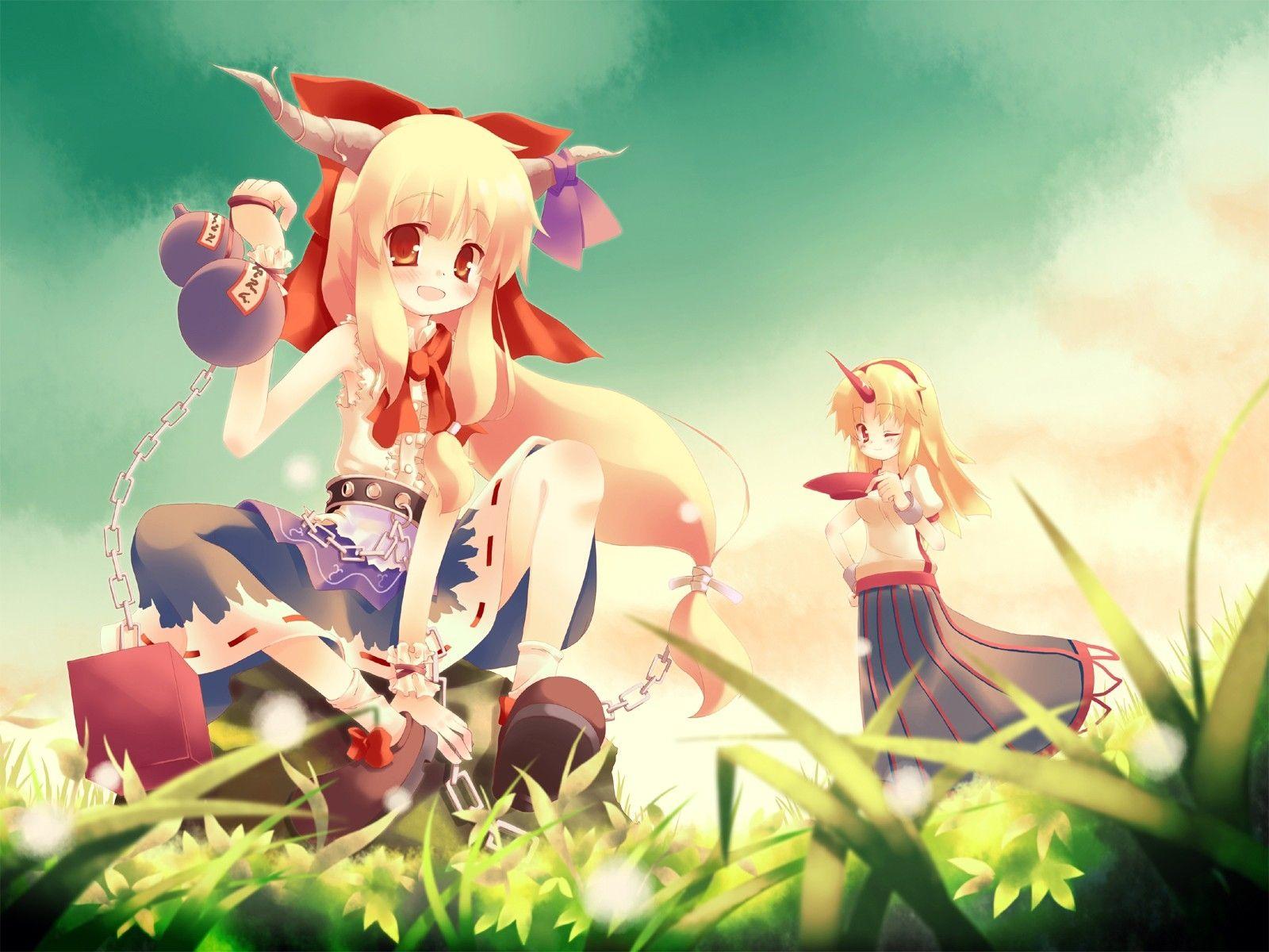 1600x1200 blondes touhou horns long hair oni red eyes demon girl sake wink