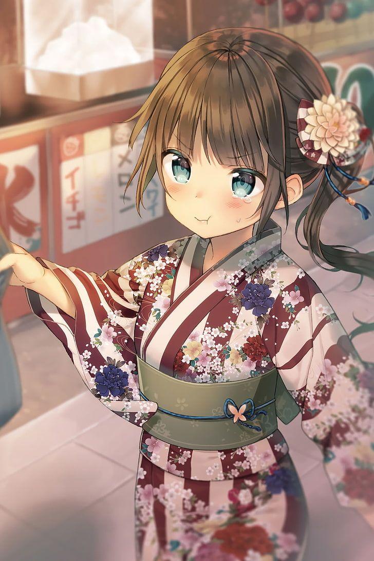 728x1092 HD wallpaper: phone, anime girls, loli, kimono, blue eyes, women, one person