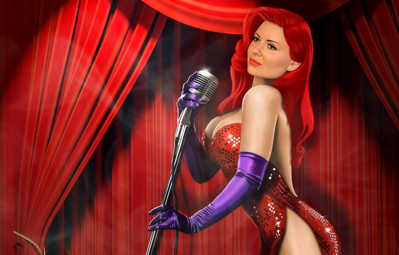 1332x850 Wallpaper girl, scene, microphone, in red, Jessica Rabbit, danliz