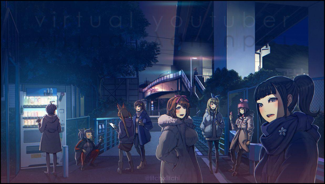 1236x700 a i channel aoi ch building city crossover dark fuji aoi hat kaguya luna kizuna a i mirai akari night ponytail raichi tokino sora watermark wallpaperx1088