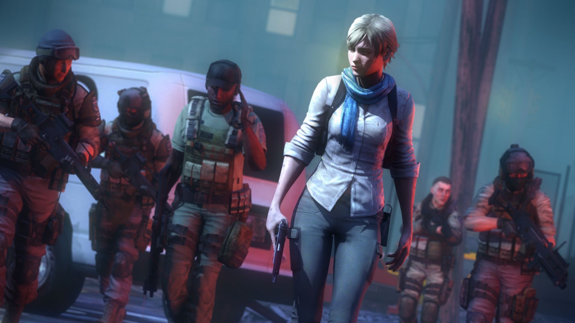 1920x1080 Wallpaper girl, gun, street, blonde, soldiers, resident evil, capcom, sherry birkin for mobile and desktop, section игры, resolution 1920x1080