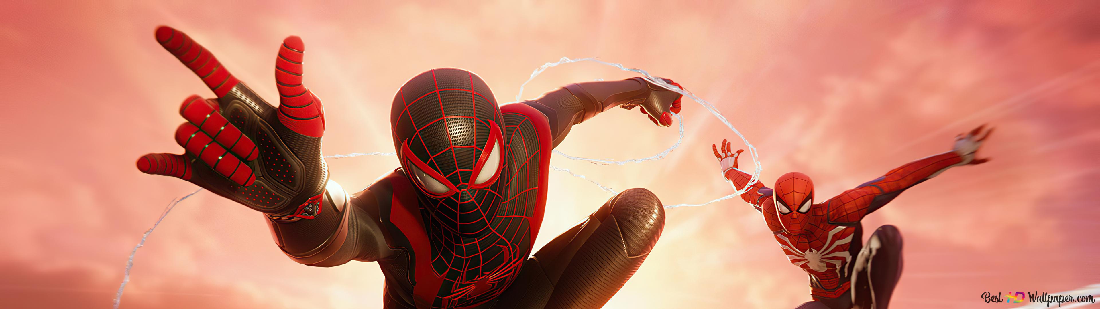 3840x1080 Multi Verse Spider man Hanging Ahead Beautiful Sunset 4K wallpaper download
