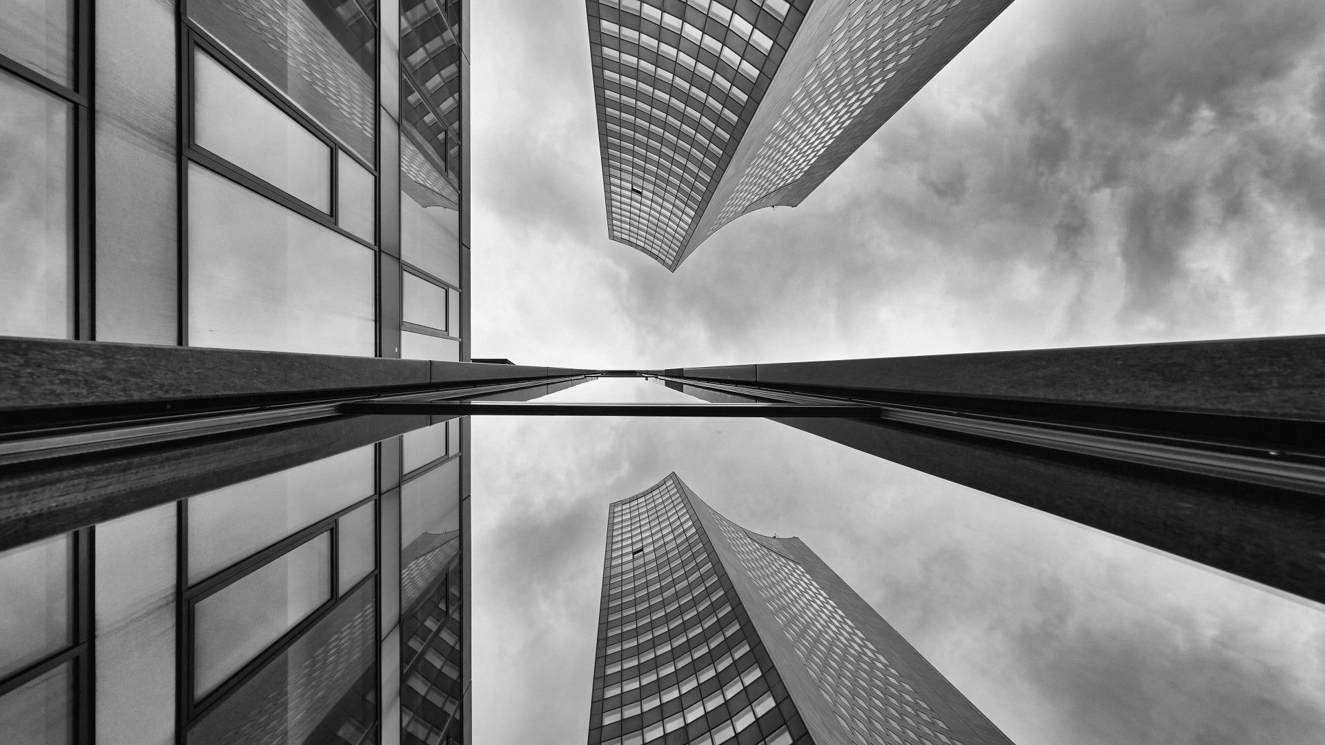 1920x1080 Buildings Skyscrapers Bottom View Black And White Sky Reflection Glass Wallpaper Background 4K HD Dark Background Wallpaper