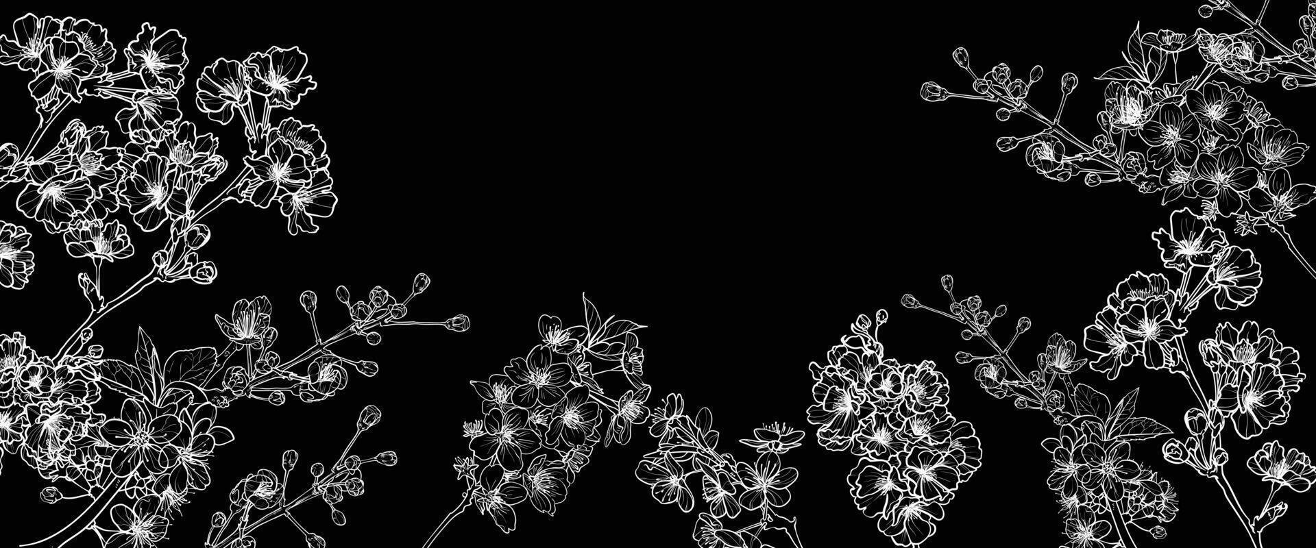 1920x800 Cherry Blossoms line art, hand drawn illustration on black background. White cherry blossoms outline for online and print projects