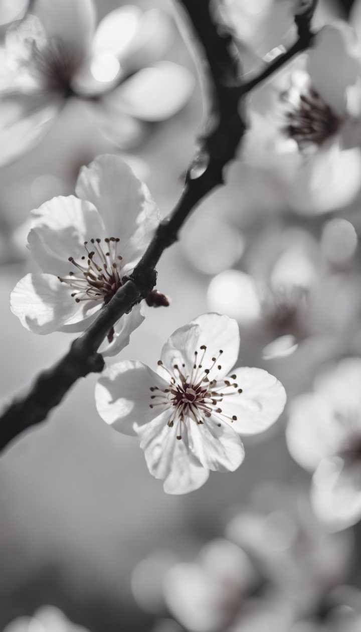 720x1260 Detailed black and white image of falling cherry blossom petals Wallpaper [8e2cd43c6e99463ea7ca]