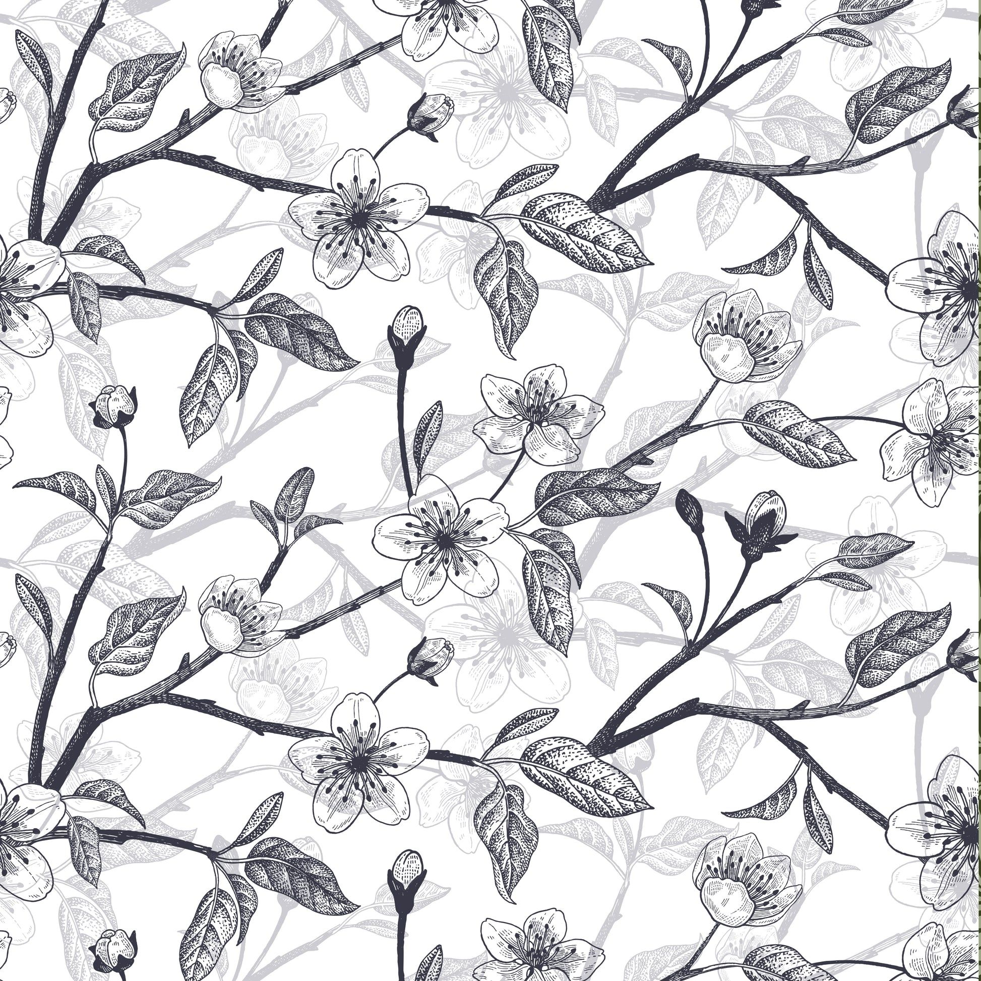 1946x1945 Cherry Blossom Removable Peel And Stick Wallpaper Black and white floral SAMPLE / vinyl