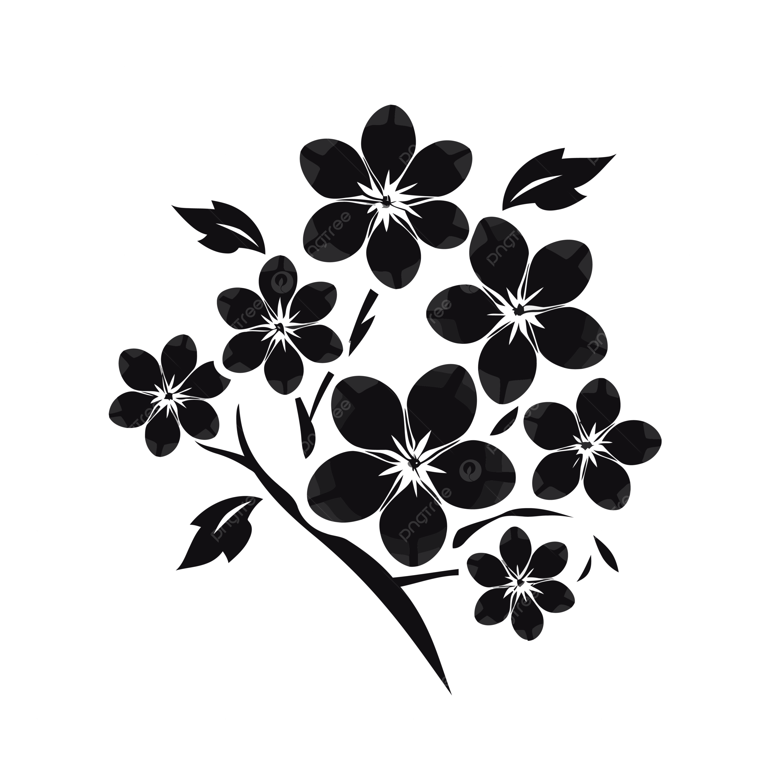 2500x2500 Black Silhouette Of A Cherry Blossom Flower Vector, A Simplistic Black Icon Of Blossoms On A White Background, No Shadows, Small Centered In Frame PNG and Vector with Transparent Background for Free