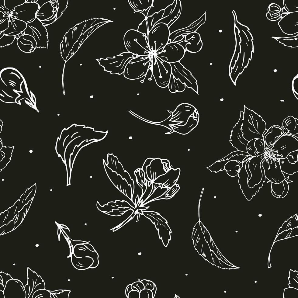 980x980 Floral seamless pattern. White cherry blossom on black background. Hand drawn vector pattern for textile, wallpaper, print, wrapping paper