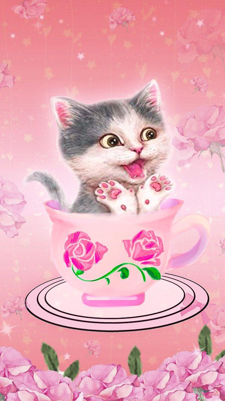 720x1280 Kitty in a cup. Pink cute kitty wallpaper art. #pink #roses. Cute