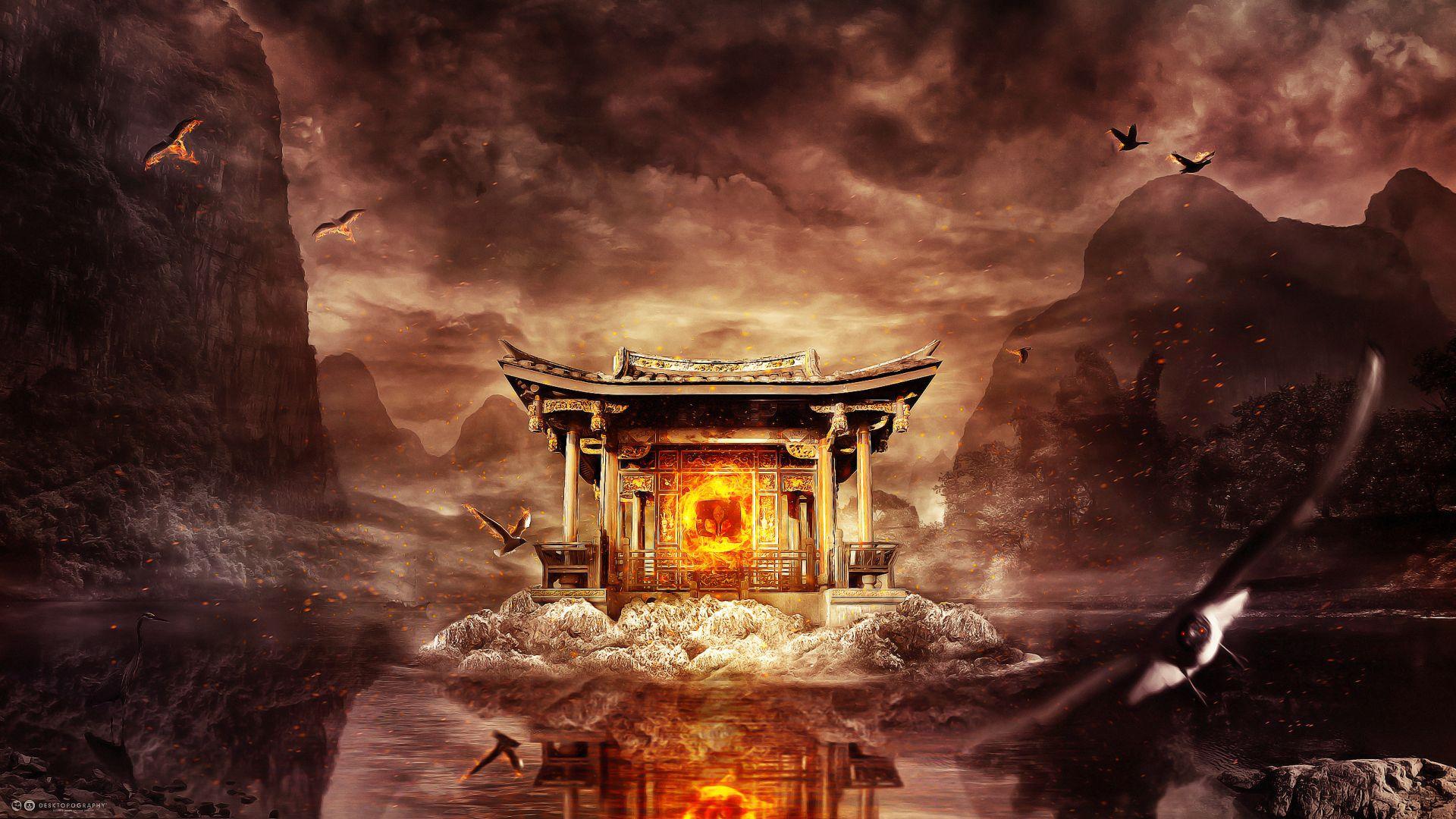 1920x1080 Fantasy Art Asian Temple Widescreen Wallpaper. Wide