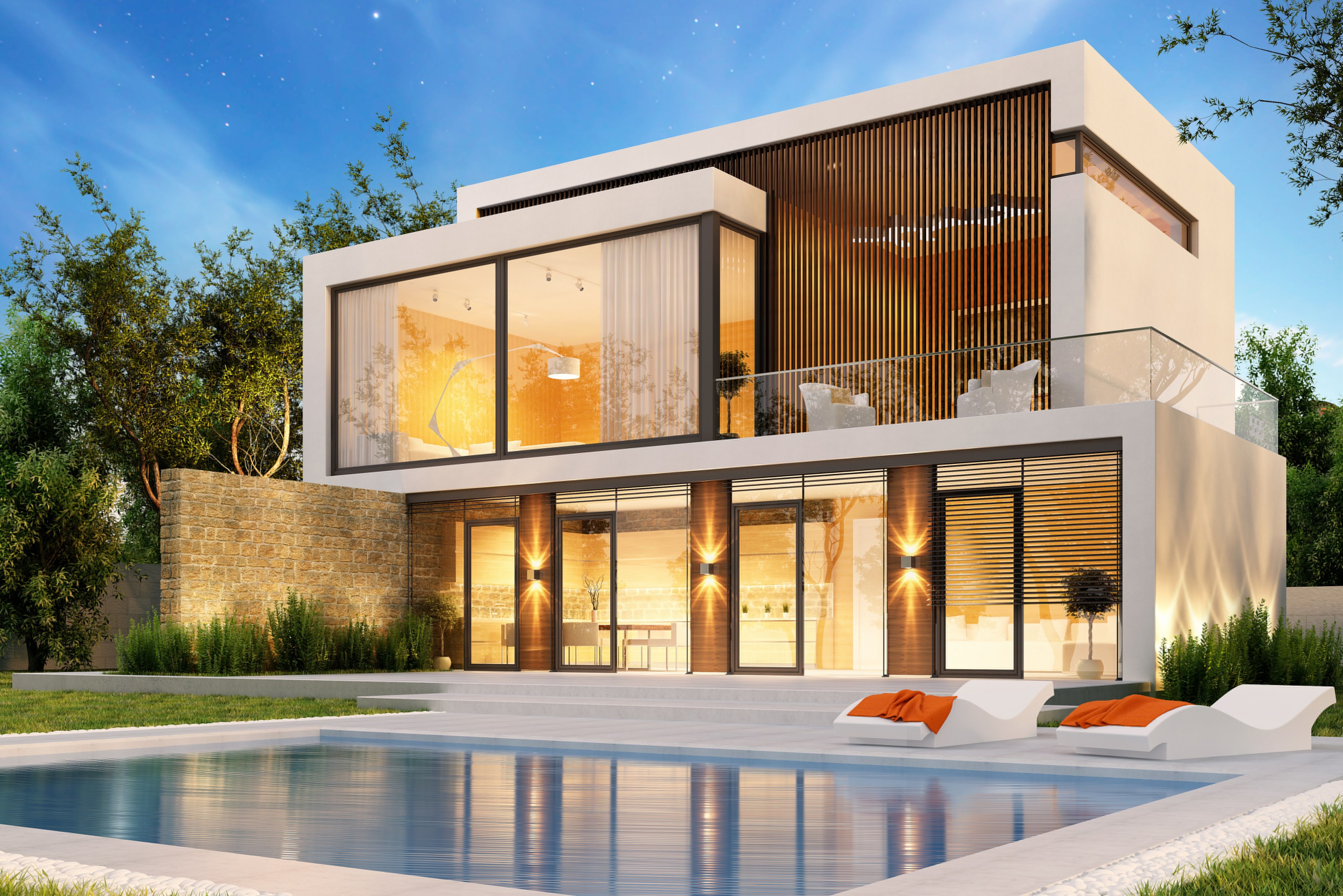 5000x3338 Wallpaper trees, design, house, lawn, pool, modern, houses, villa for mobile and desktop, section интерьер, resolution 5000x3338