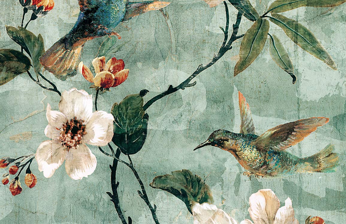 1155x750 Vintage Bird Floral Botanical Mural Wallpaper