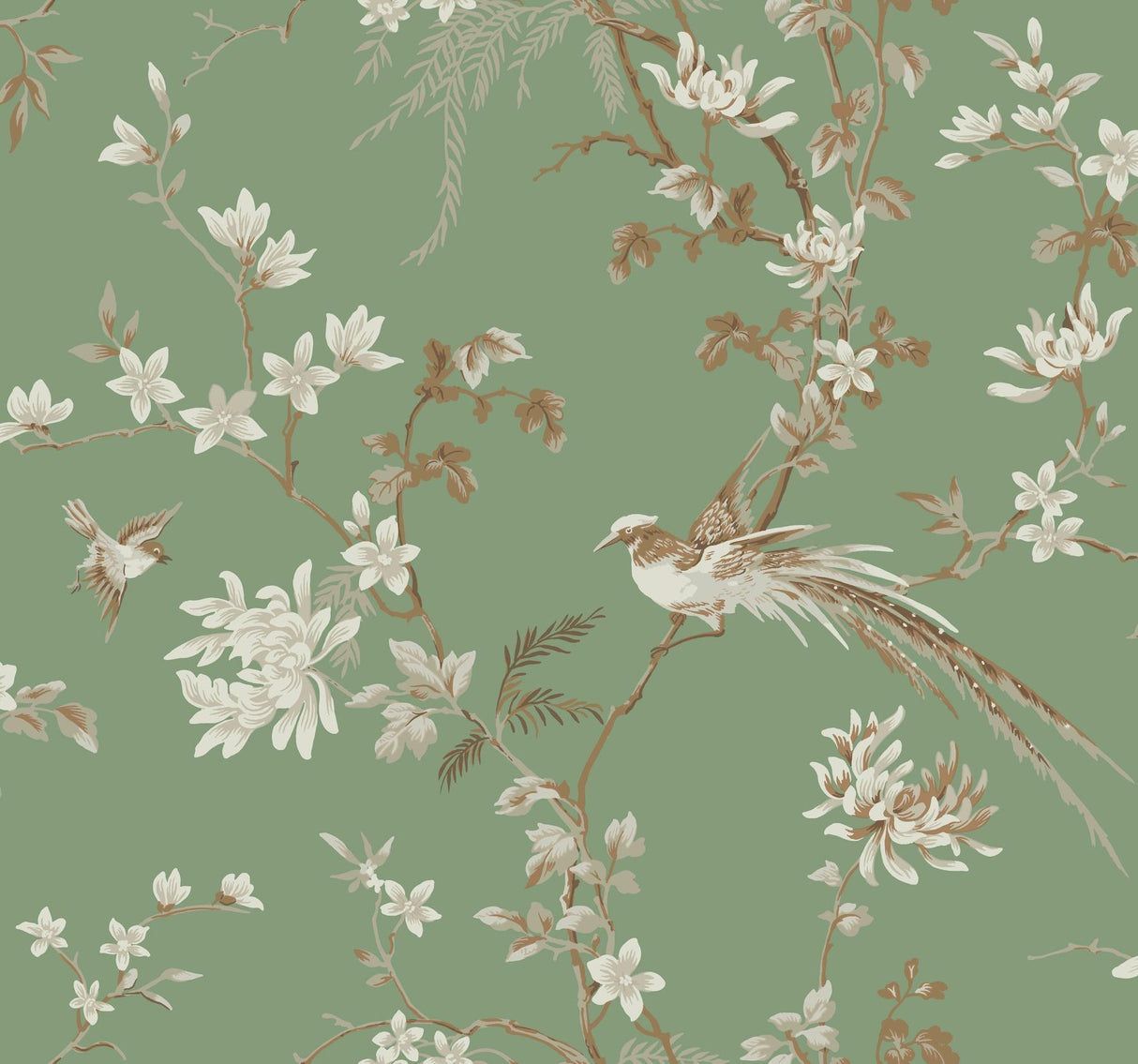 1214x1135 Ronald Redding Designs Bird & Blossom Chinoserie Green Wallpaper