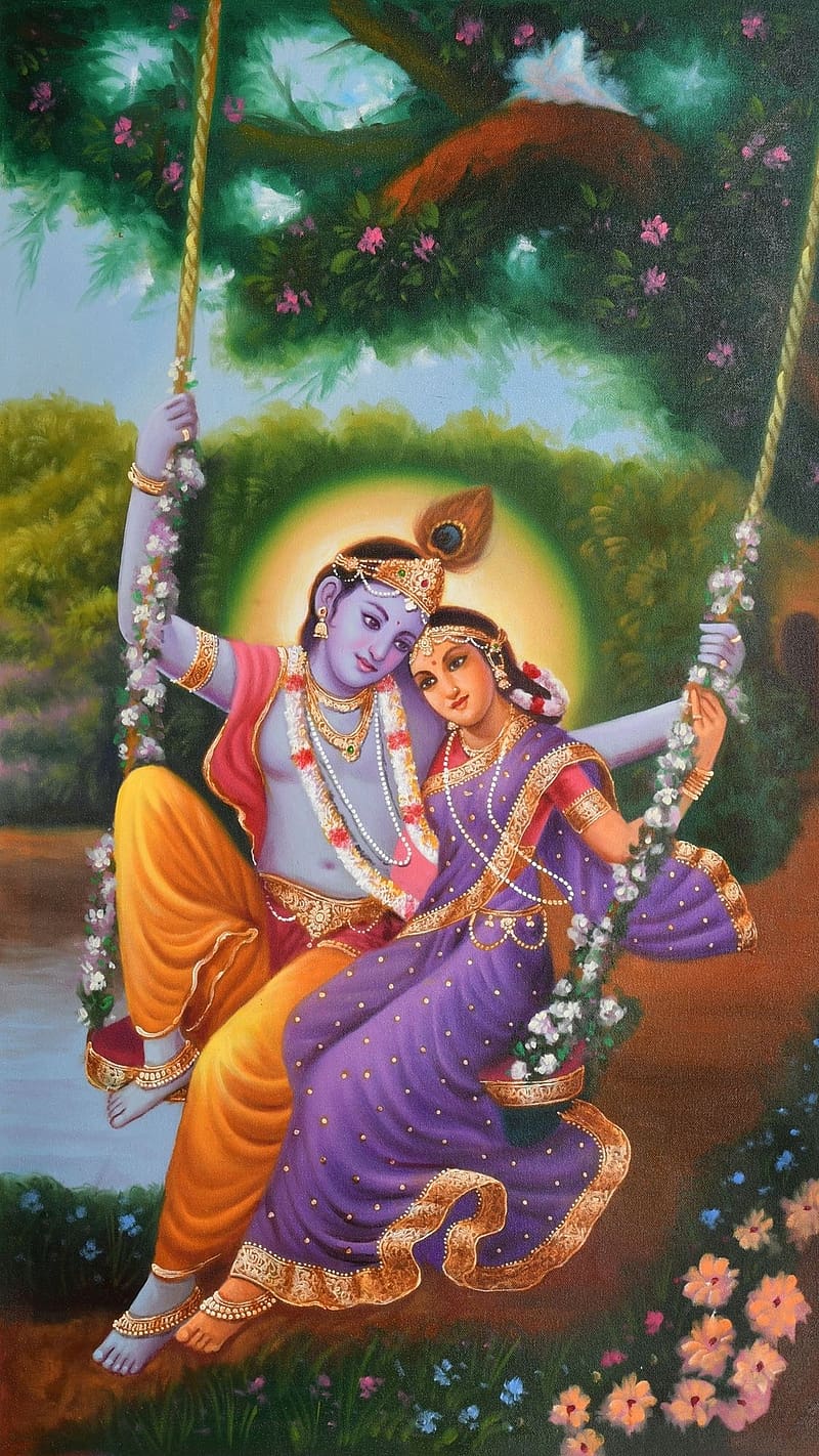 800x1422 Radha Krishna Ji Playing In Swing, radha krishna ji, playing, swing, lord, god, HD phone wallpaper