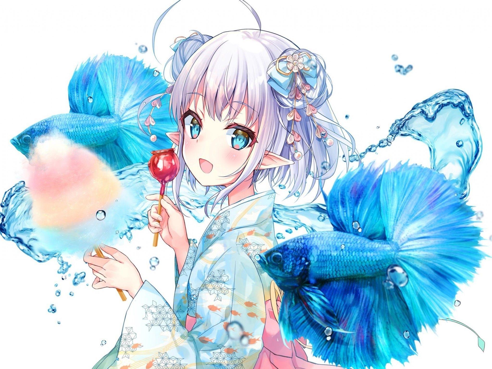 2048x1536 Download 2048x1536 Anime Girl, Elf Ears, Yukata, Pointy Ears