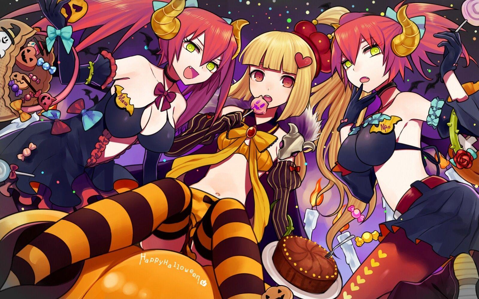 1600x1000 blondes halloween candy cleavage skirts horns red eyes short hair