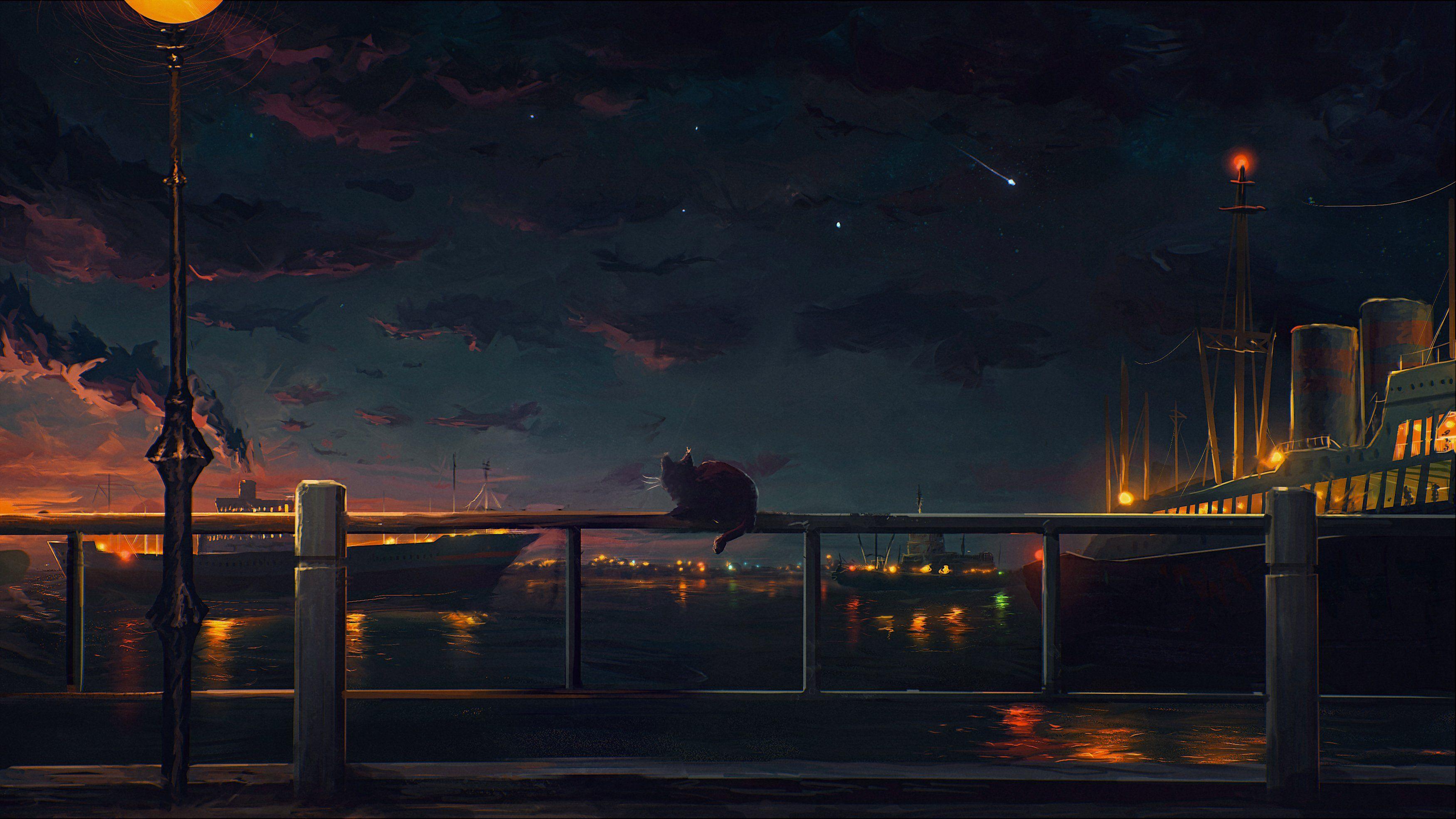 3500x1969 anime, Landscape, Sky, City, Light, Sky, Sea, Ship Wallpaper HD