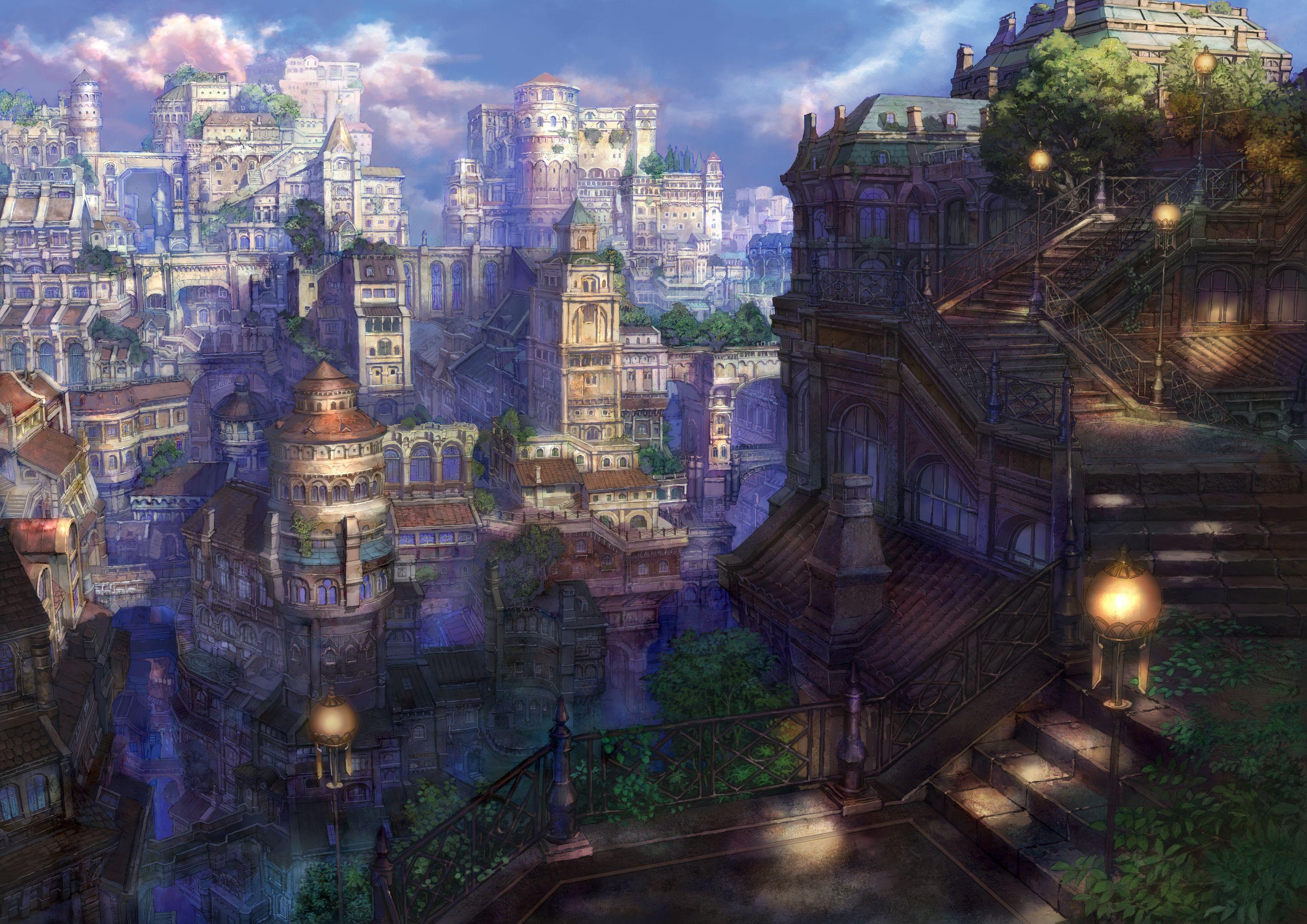 2893x2046 Photos Munashichi Anime Fantasy Fantastic world Cities 2893x2046
