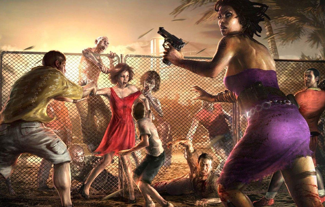 1332x850 Wallpaper girl, zombie, gun, blood, pistol, game, dress, weapon