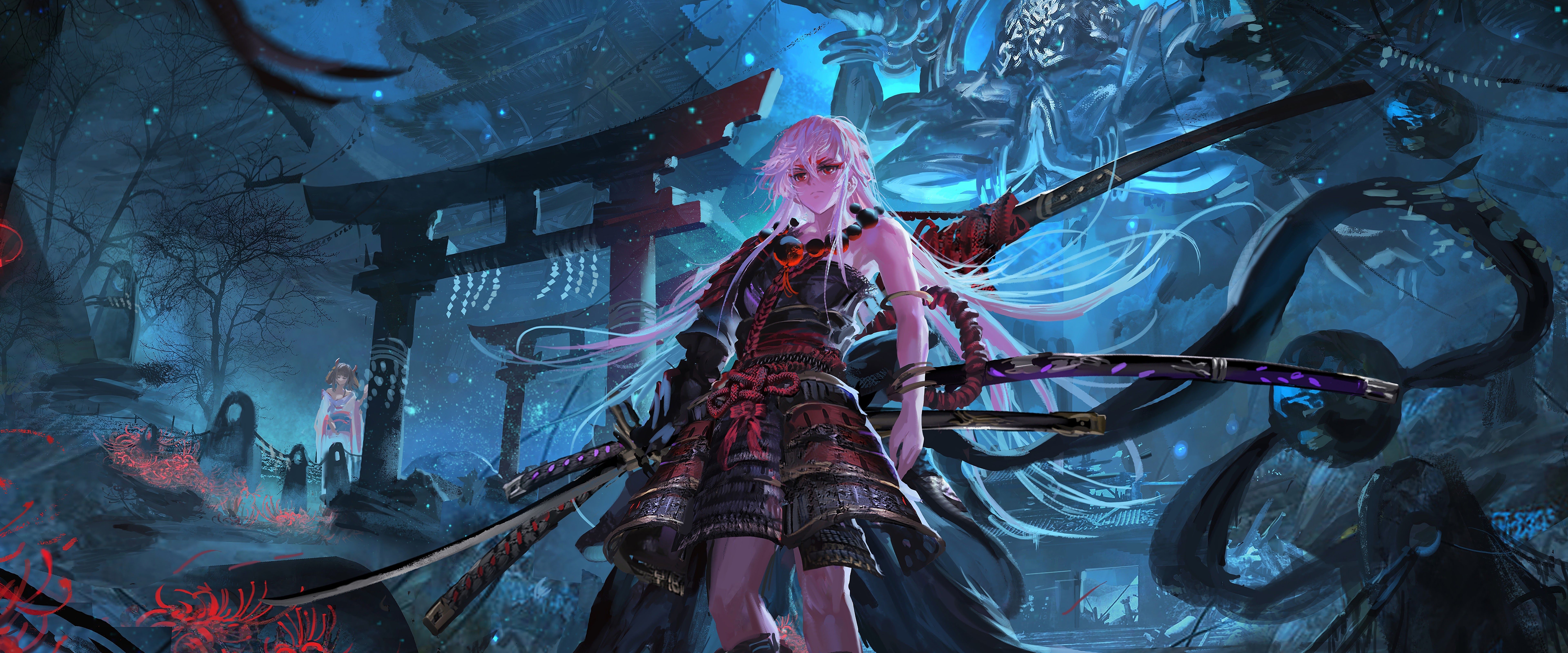 7680x3200 Anime Samurai Girl Katana Fantasy 8K Wallpaper