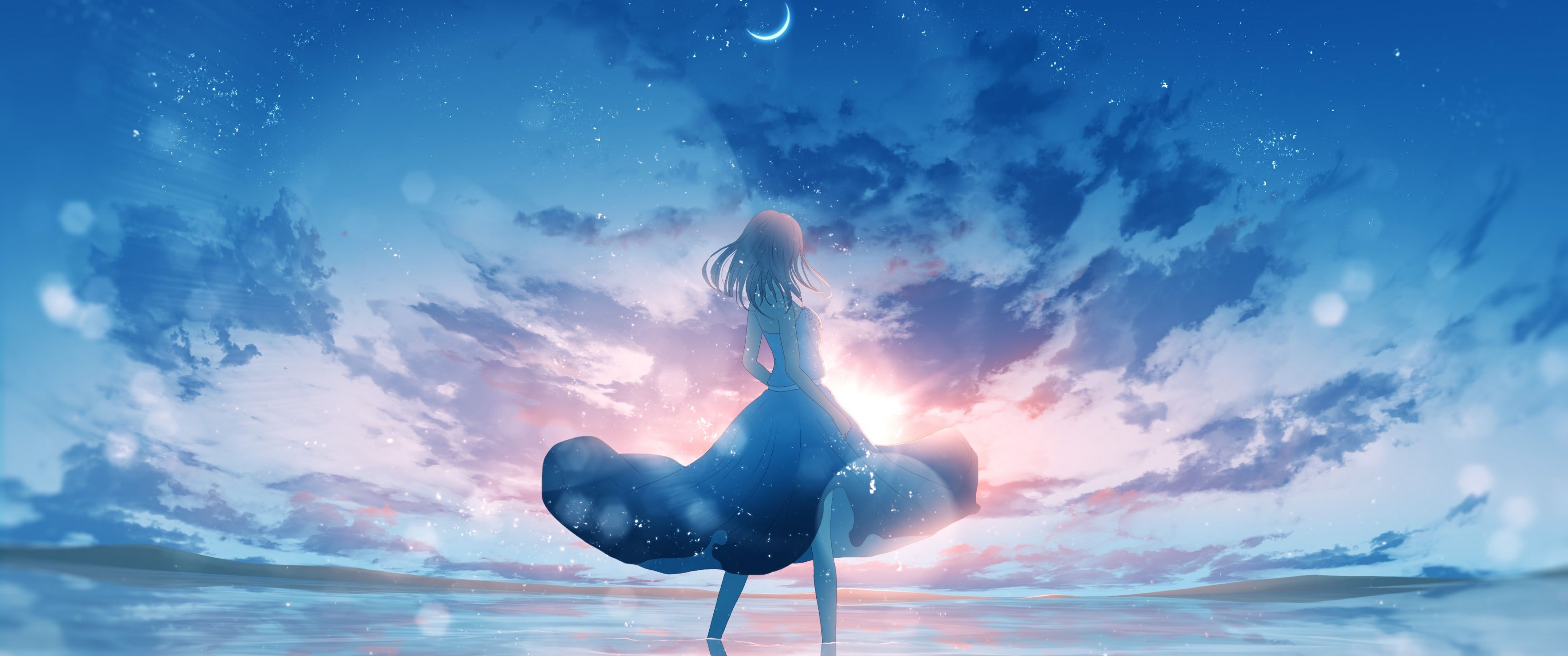 3440x1440 Anime girl Wallpaper 4K, Aesthetic, Dream, Happy girl