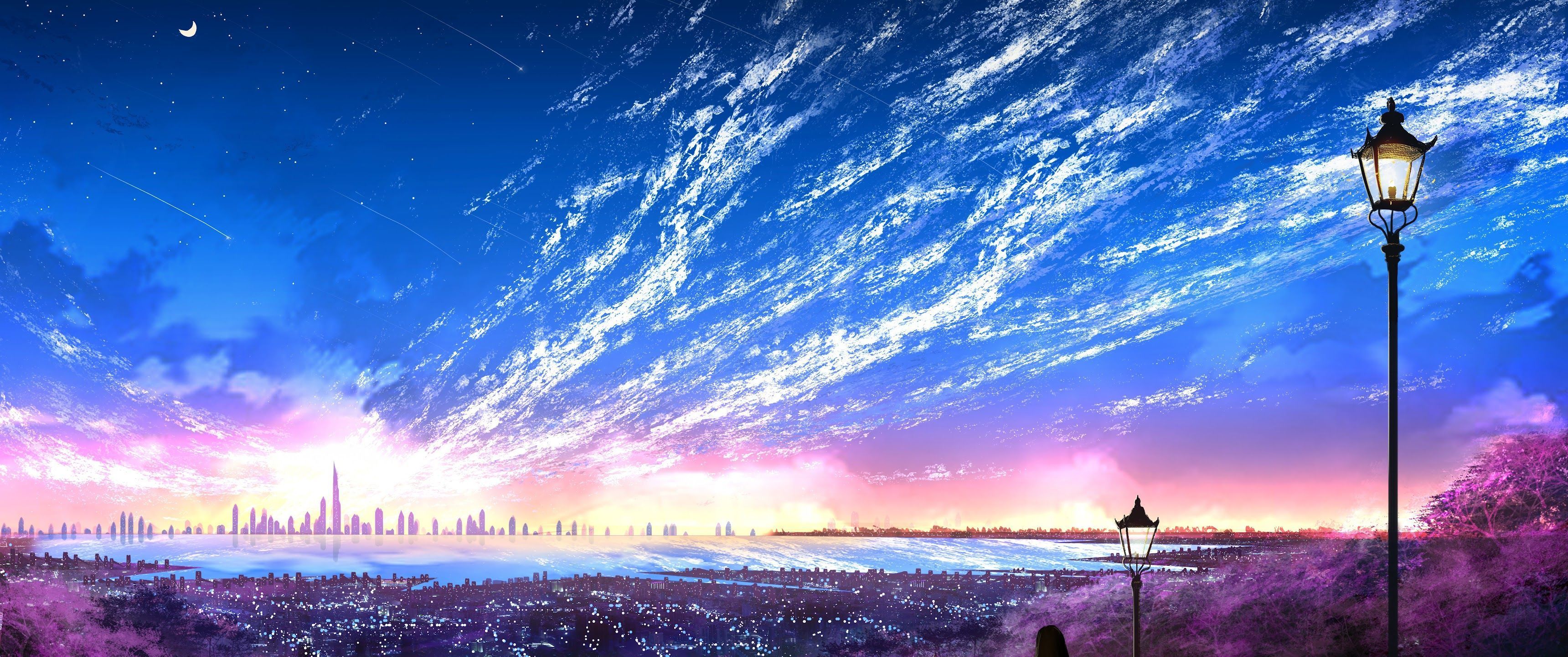3440x1440 Sky City Scenery Horizon Landscape Anime 8K Wallpaper