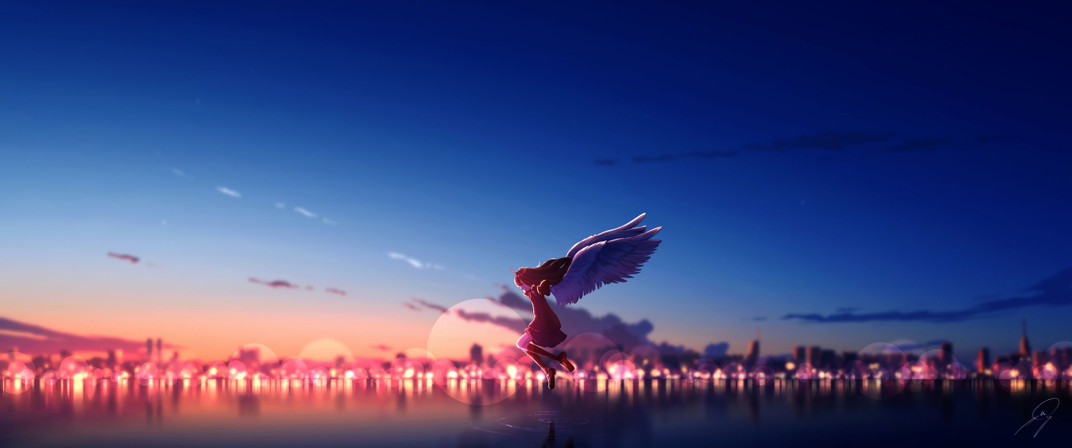 3440x1440 Anime girl Wallpaper 4K, Angel, Happiness