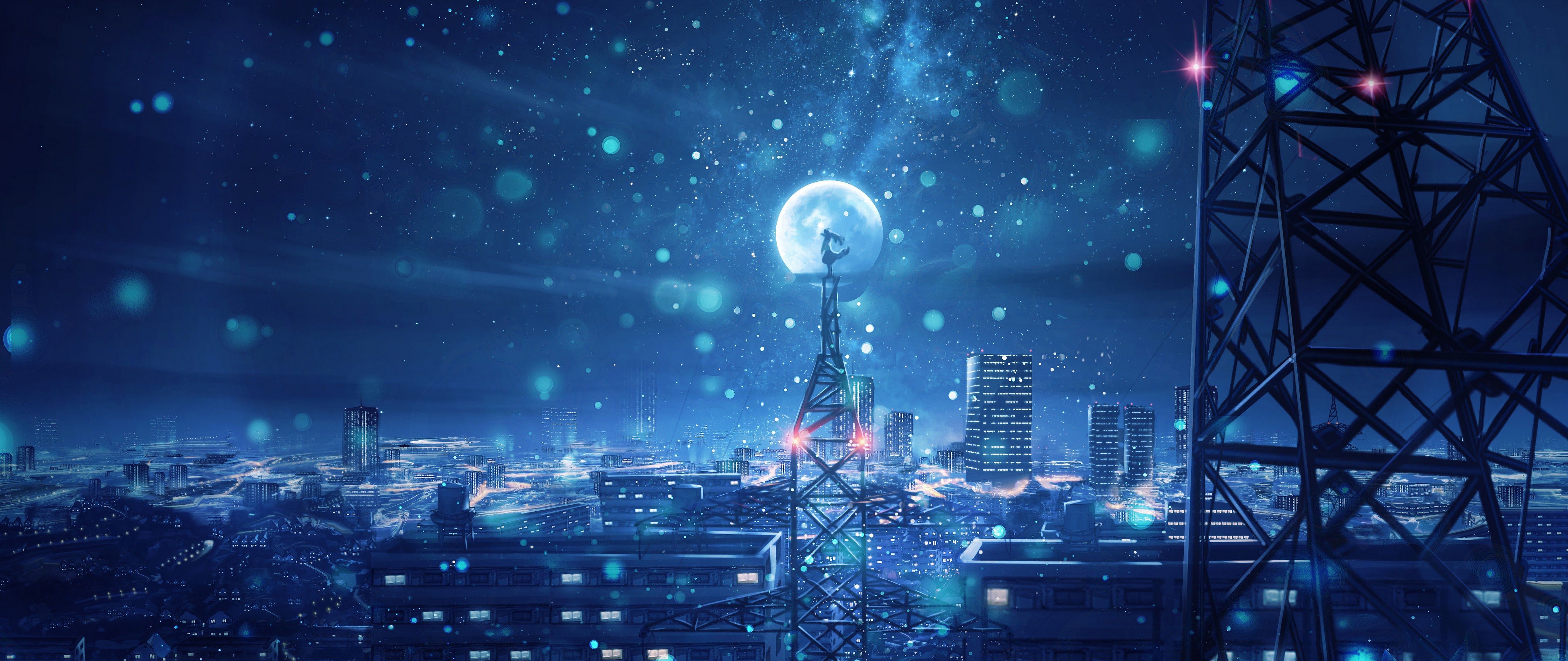5120x2160 Night Sky City Stars Anime Scenery 4K Wallpaper