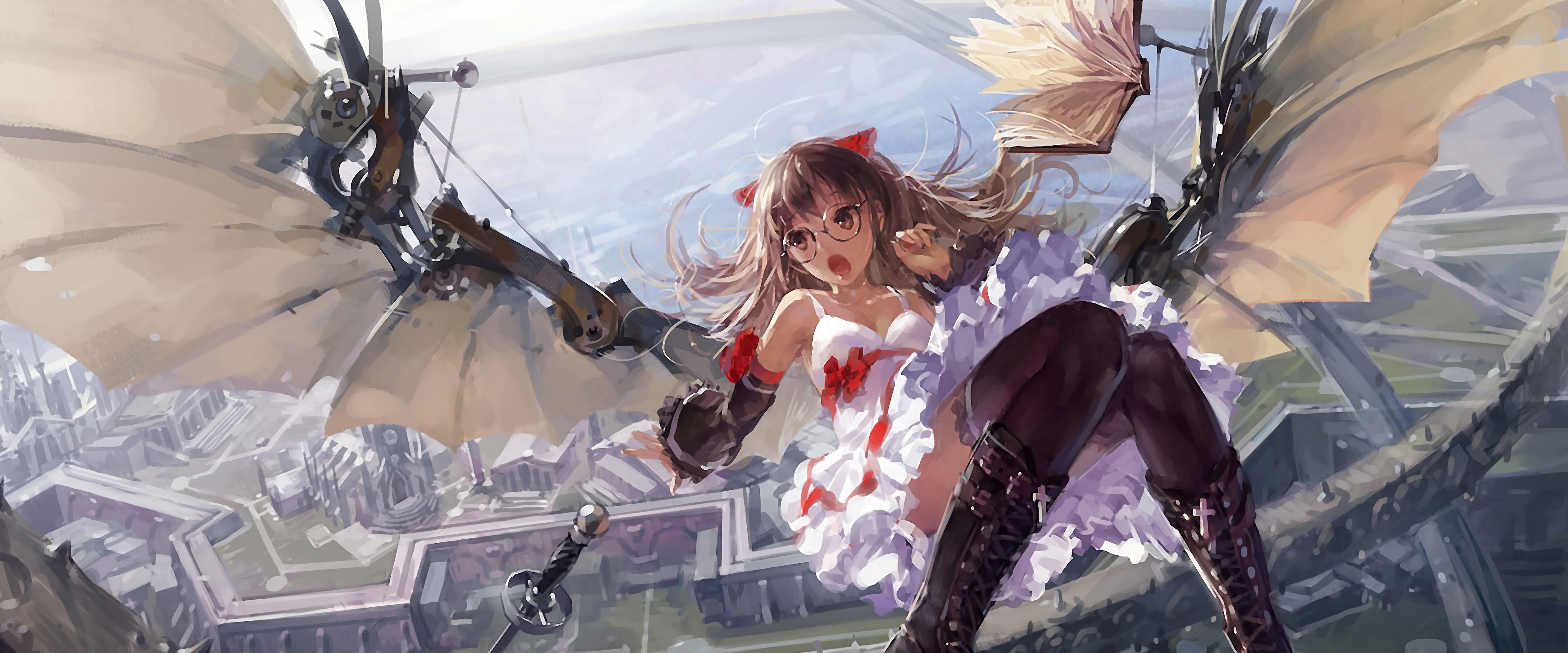 7680x3200 Anime Girl Flying Fantasy 4K Wallpaper HD