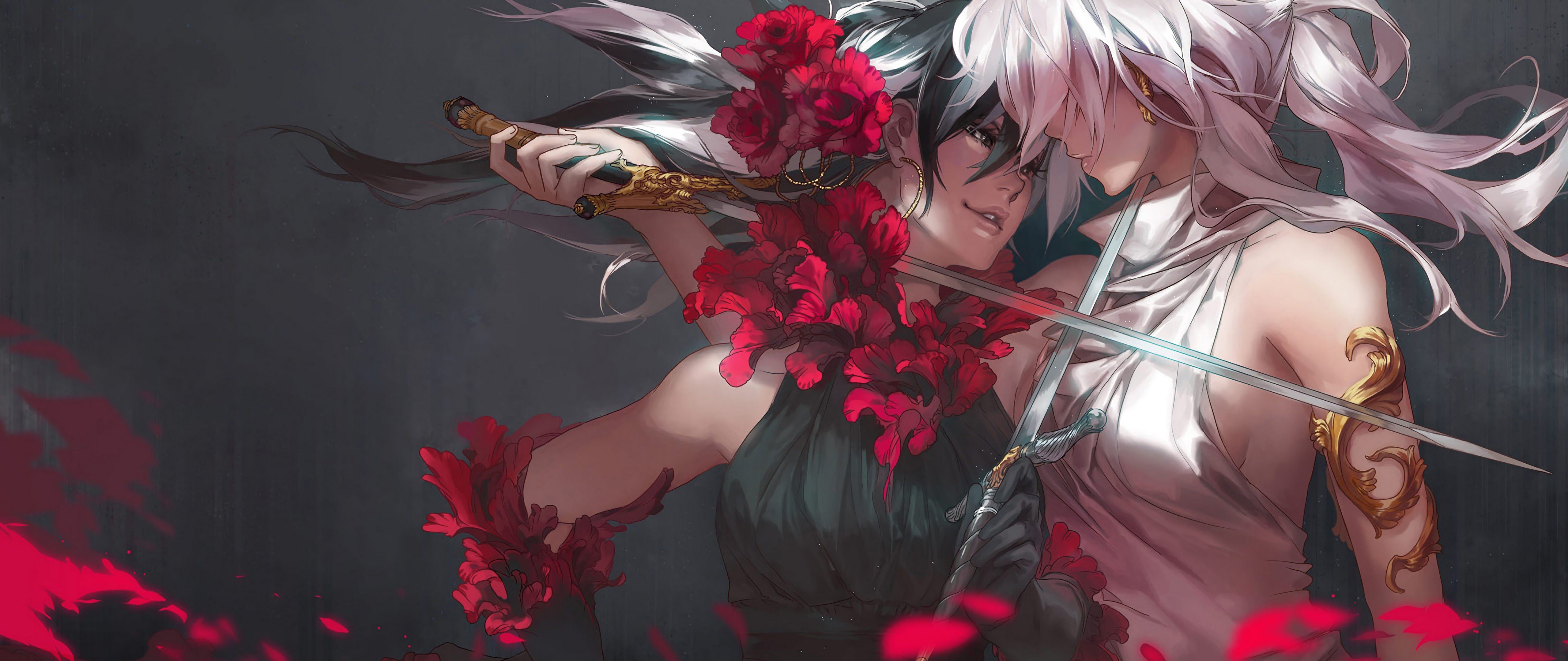 5120x2160 Anime Girls Sword Battle Fantasy 4K Wallpaper