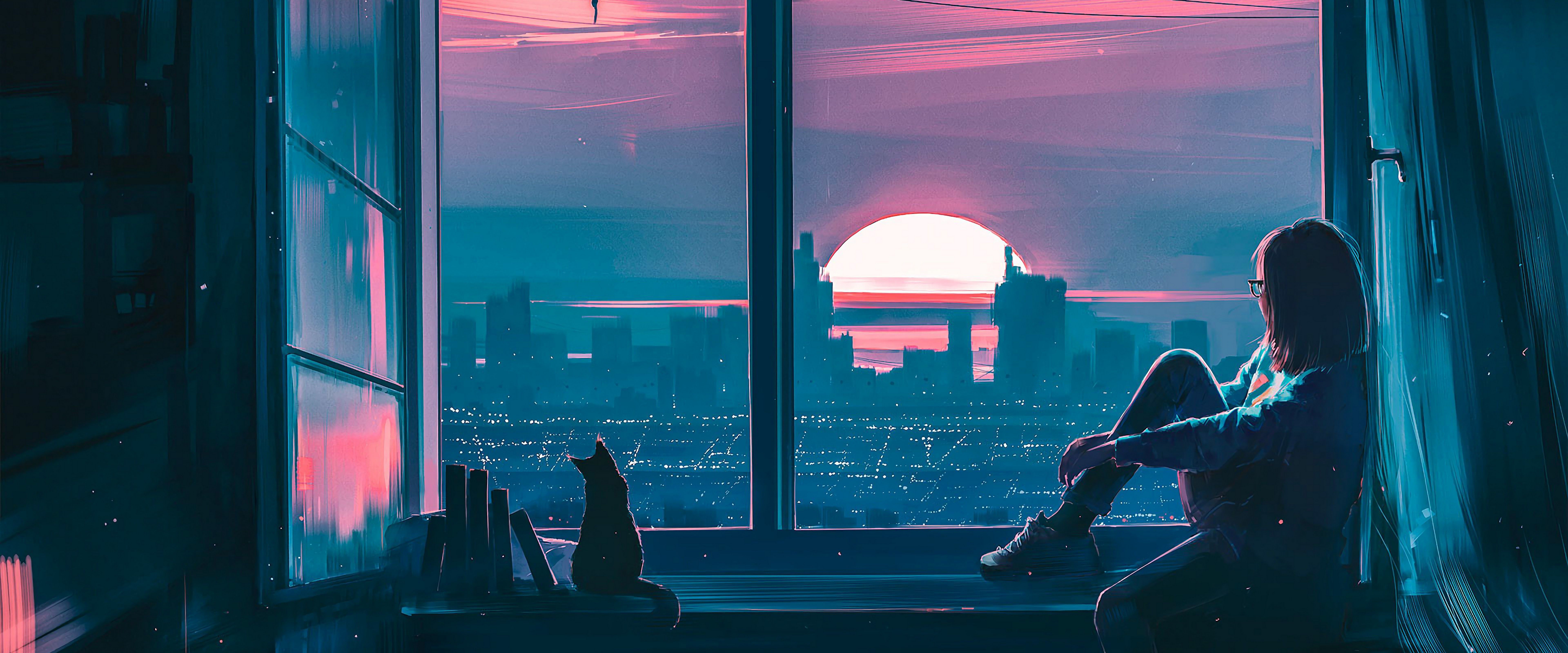 7680x3200 Anime Girl Cat City Scenery 4K Wallpaper