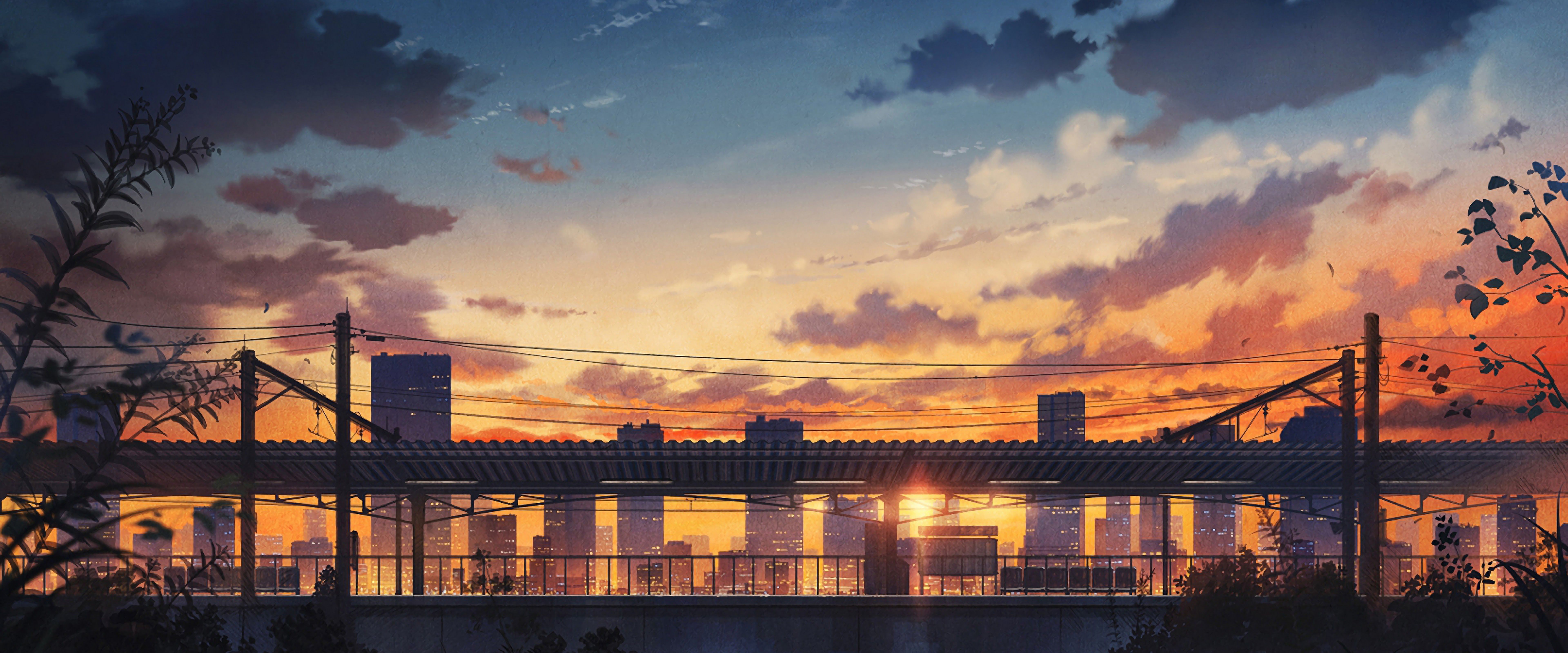 7680x3200 Sunset City Scenery Anime 4K Wallpaper