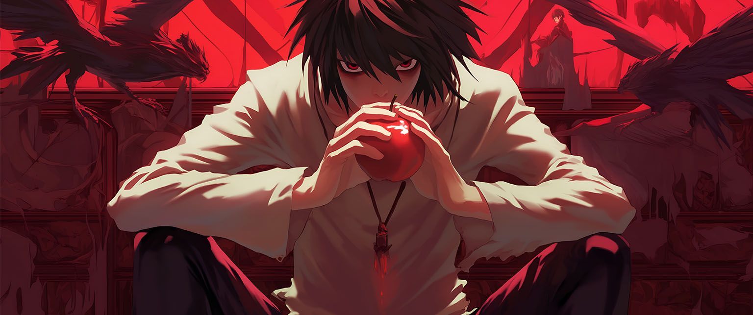 1536x643 Death Note L Dark Red Apple Ultrawide Wallpaper in 4K