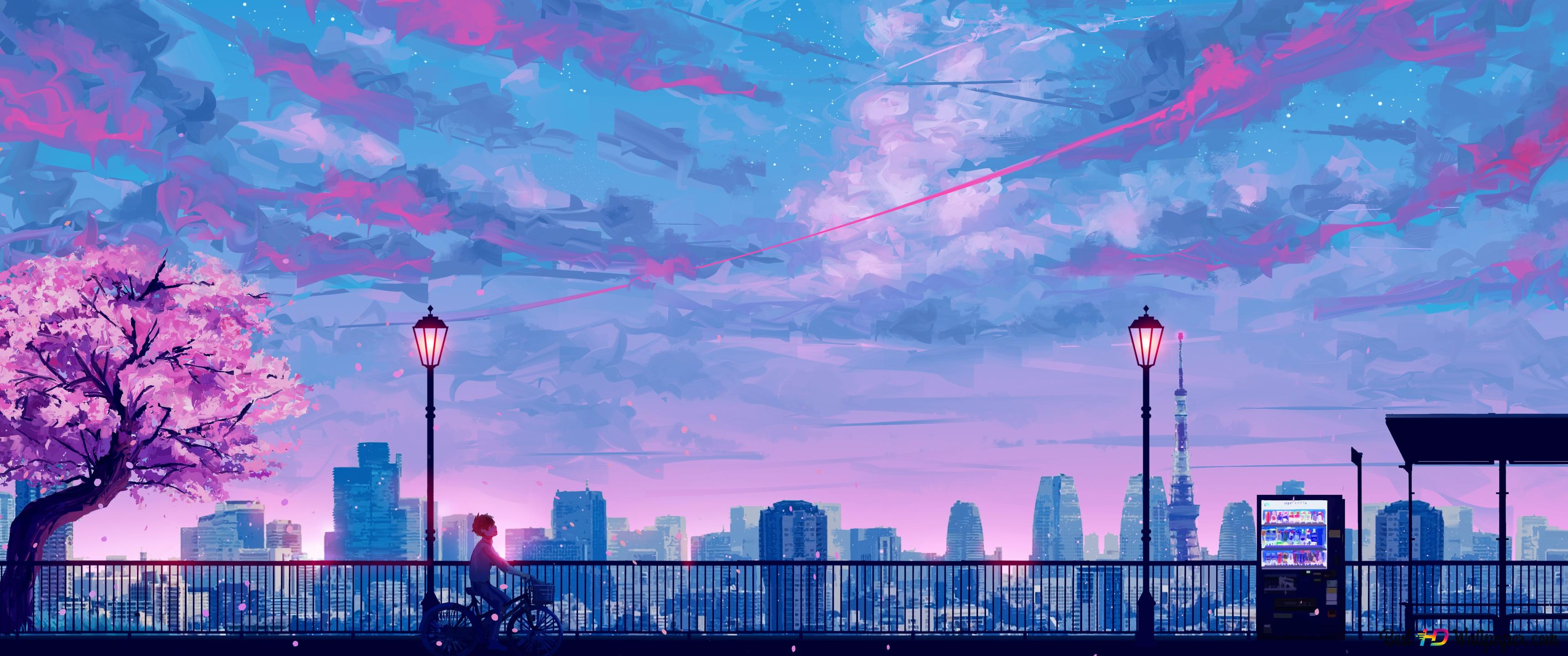 3440x1440 Anime city night 4K wallpaper download
