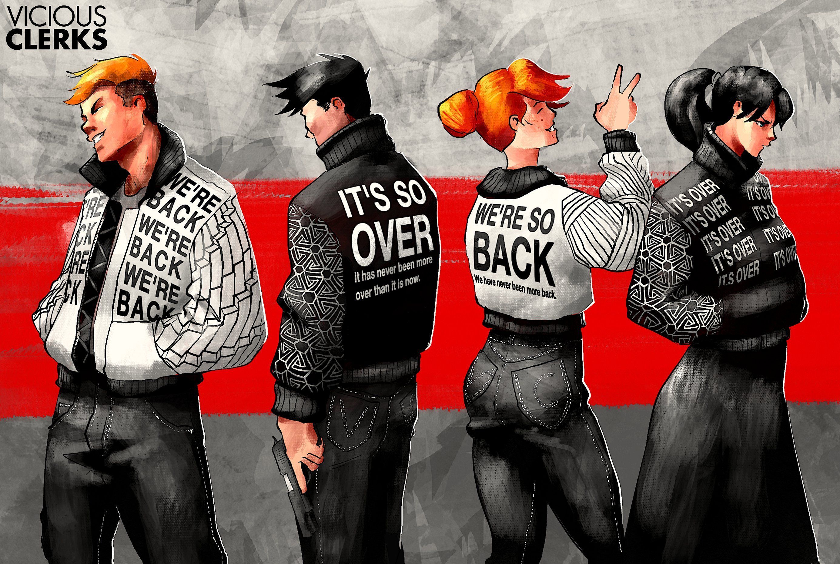 2771x1860 Drawthentic on X: Celebrate success and lament loss with the IT'S OVER / WE'RE BACK reversible bomber jacket from VICIOUS CLERKS / X