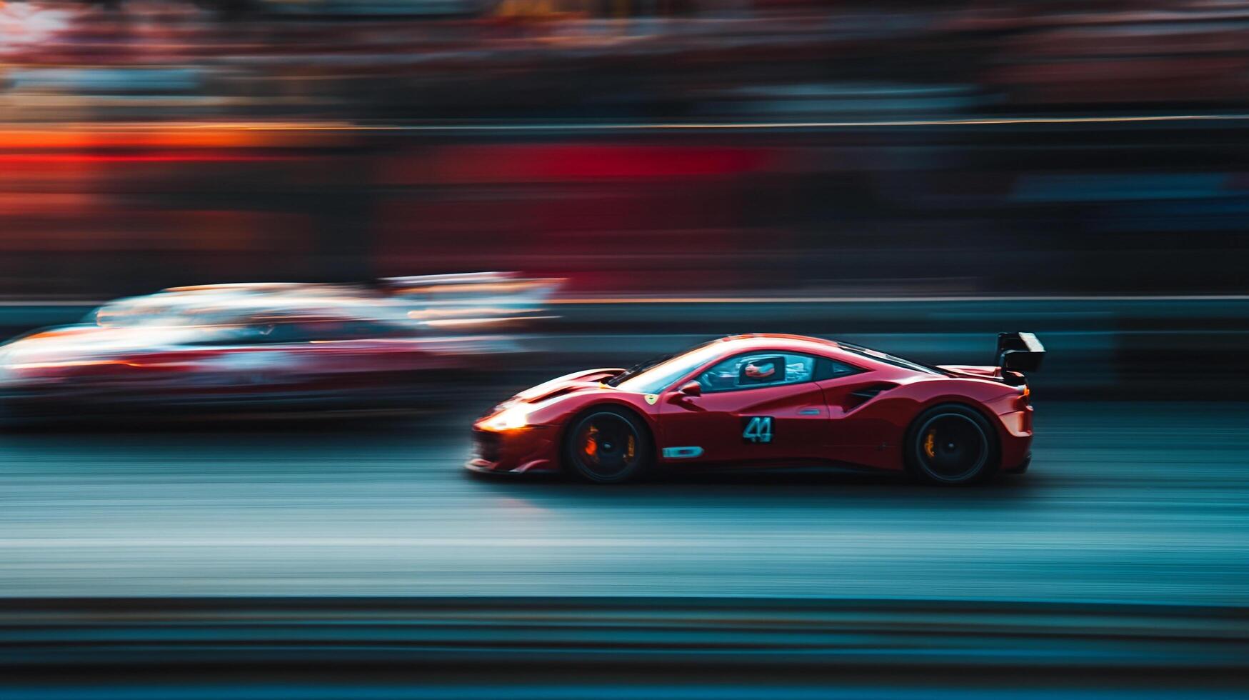 1749x980 Cars race on the track with intense speed and motion blur, highlighting the excitement and adrenaline of motorsports competition