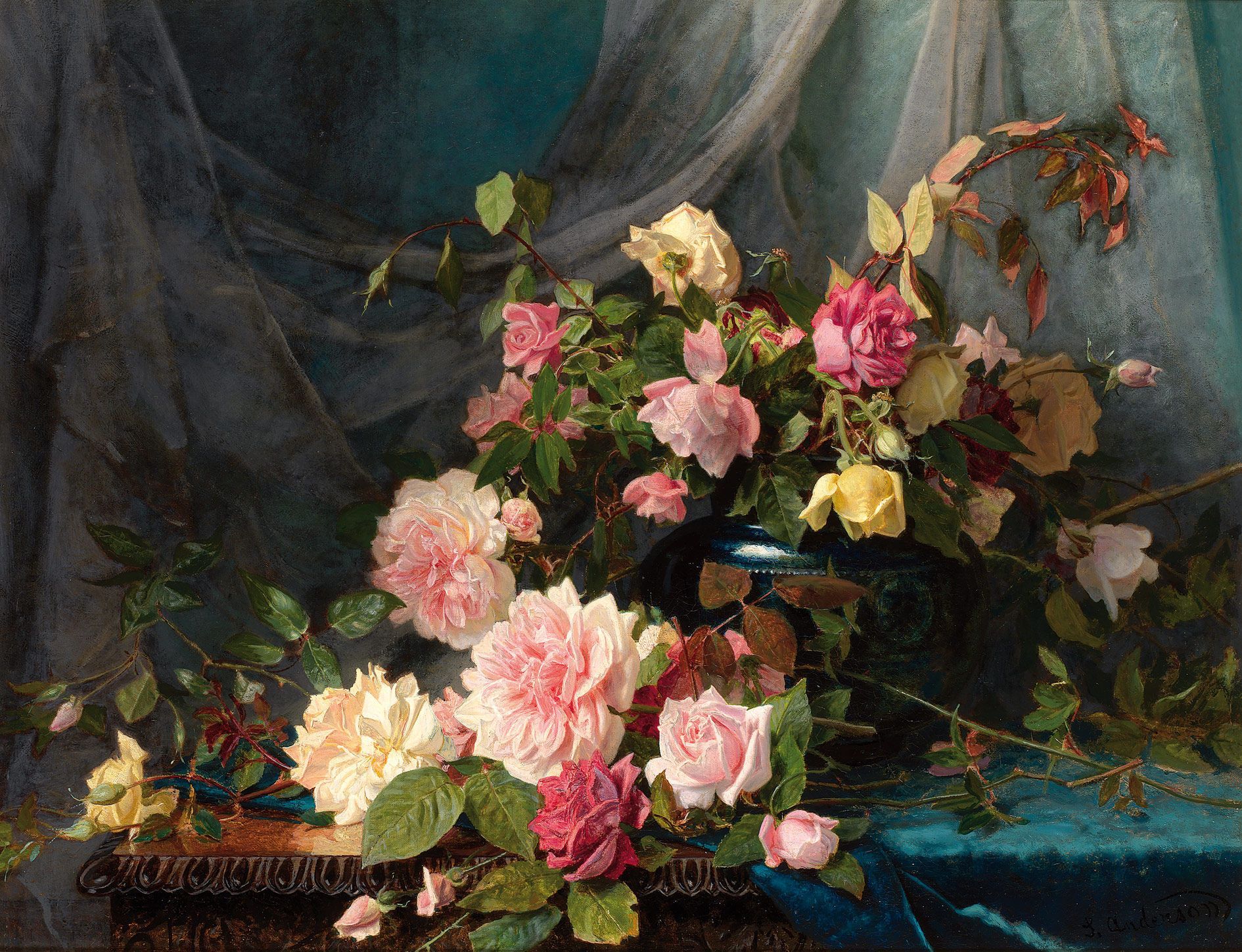 1890x1450 Download Rose Vase Flower Still Life Artistic Painting Wallpaper