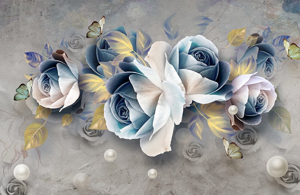1155x750 Elegant Blue Floral Rose Mural Wallpaper with Butterflies and Pearls Design