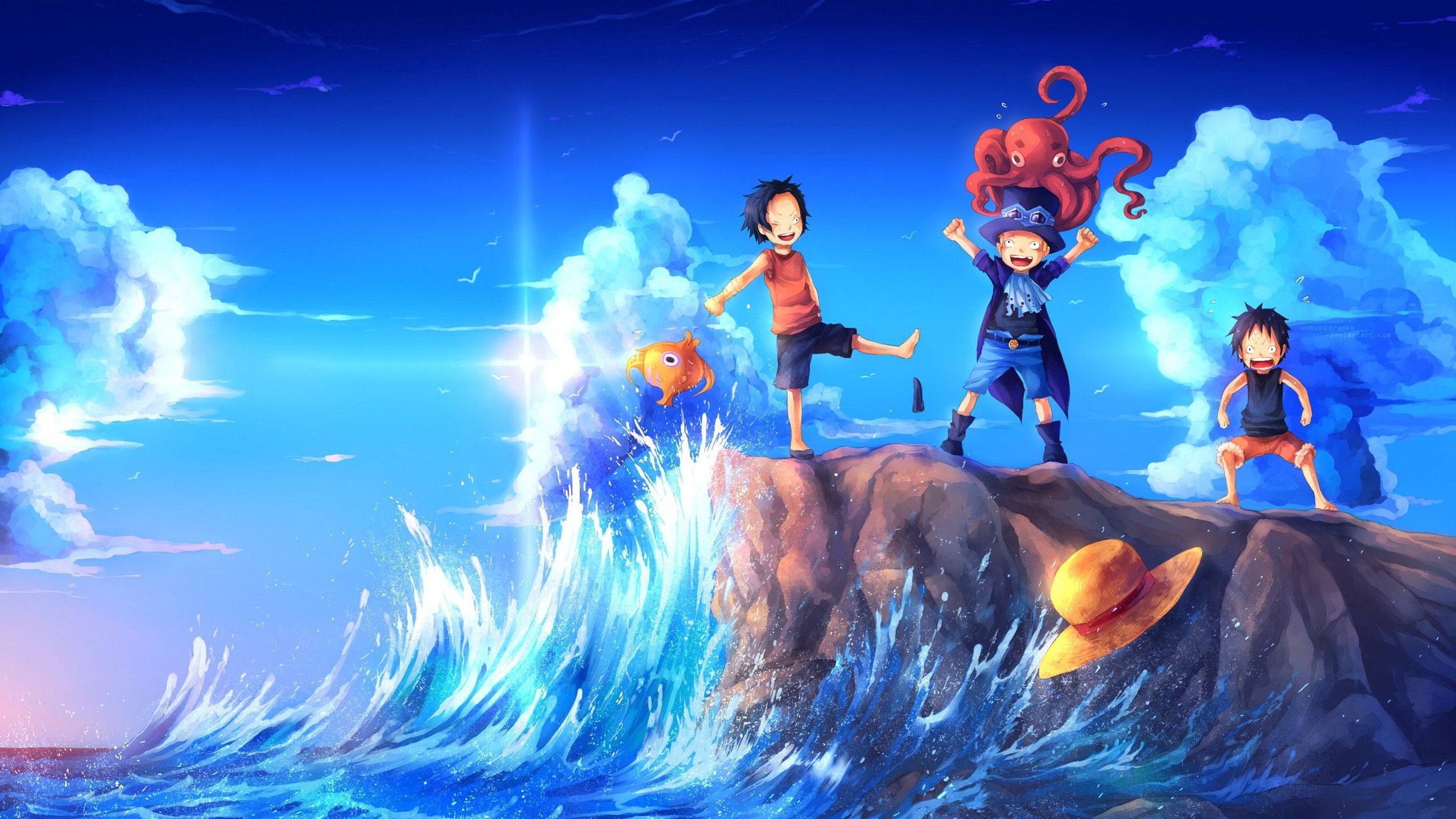 2560x1440 One Piece Luffy Ace Sabo Childhood Friends HD Anime Wallpaper
