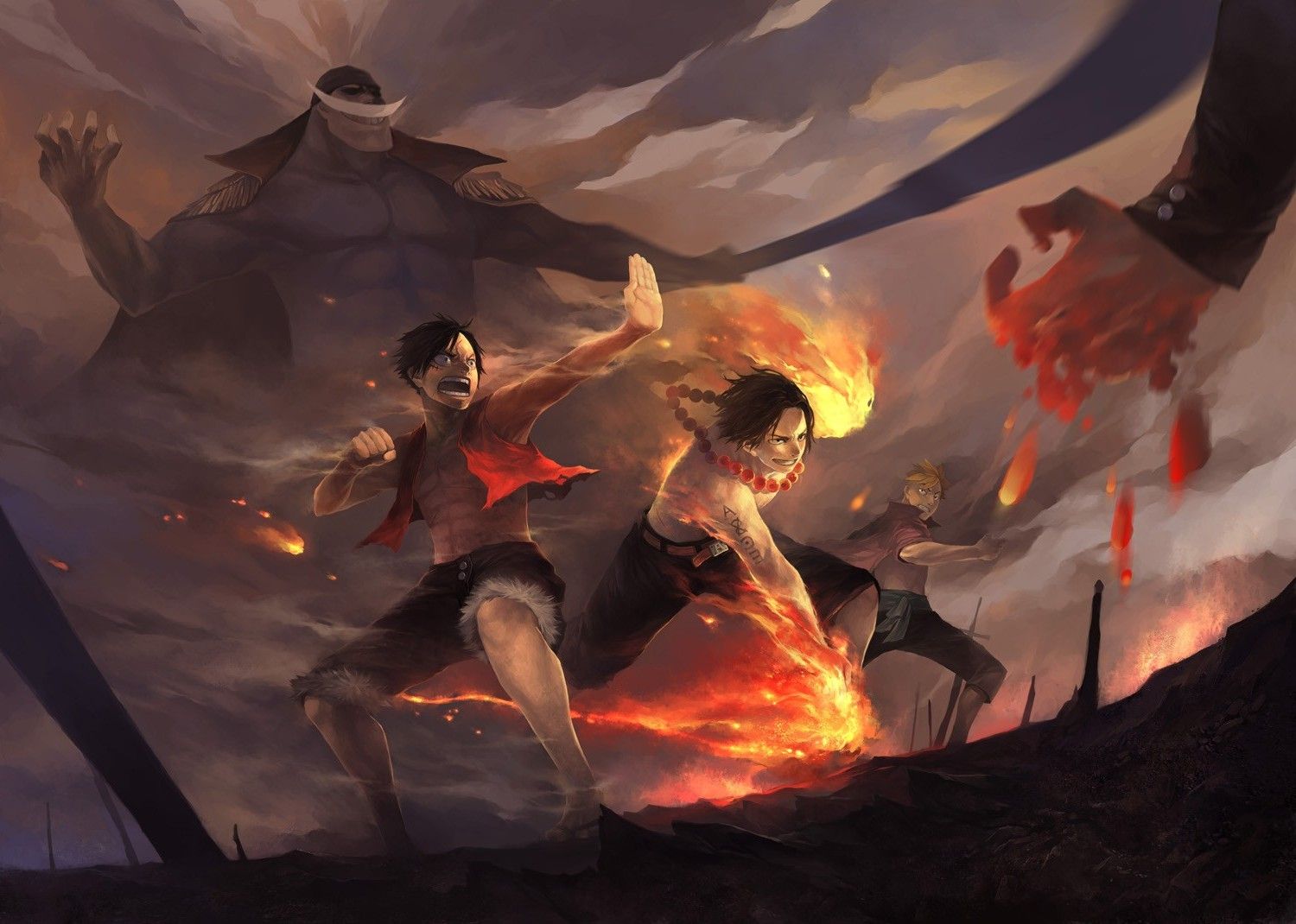 1500x1070 One Piece, Monkey D. Luffy, Portgas D. Ace, Edward Newgate, Marco, Sakazuki Wallpaper HD / Desktop and Mobile Background