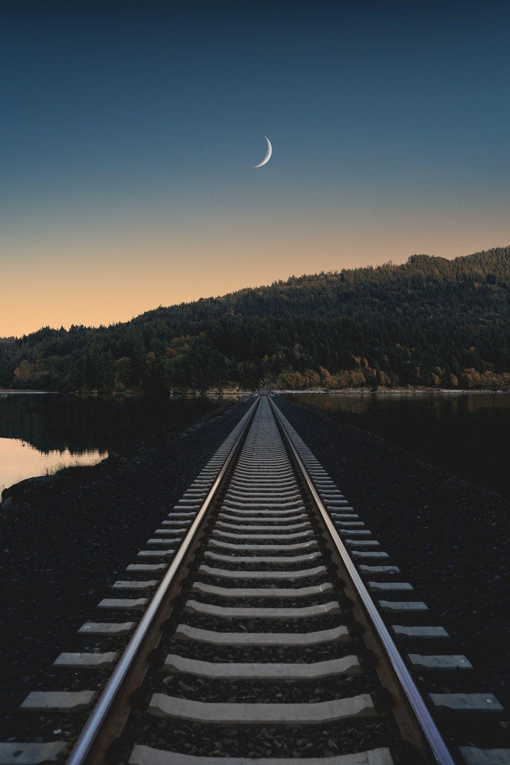 1000x1500 Train Track, Track, Moon And Sunset Moon Wallpaper HD