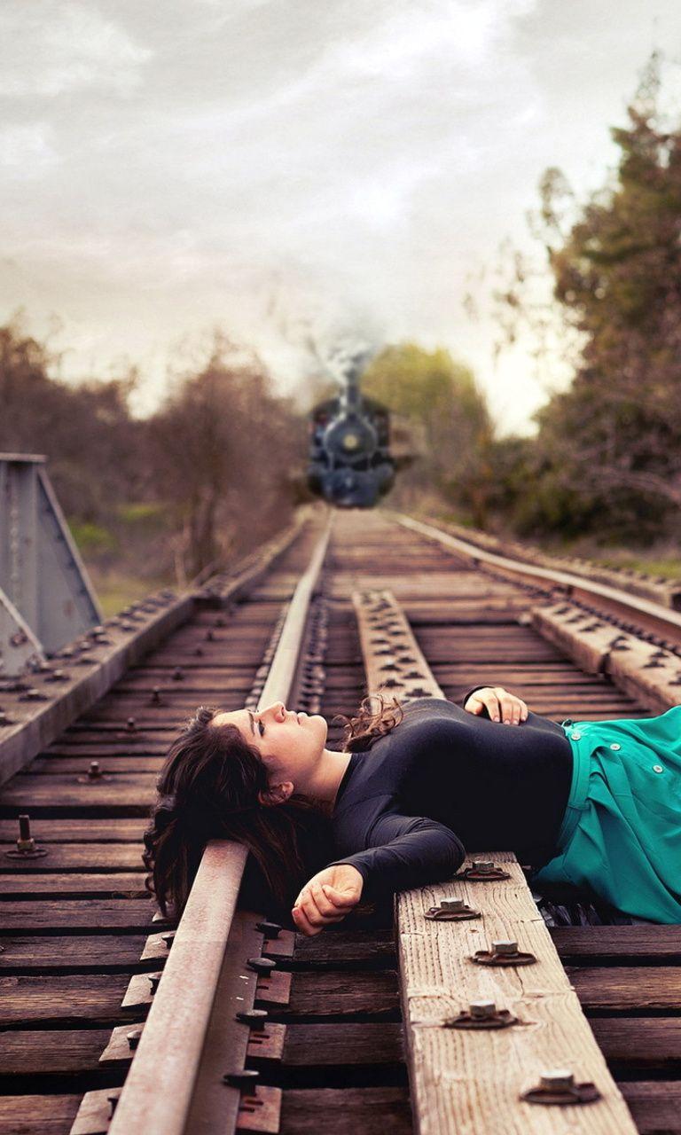 768x1280 Girl On Train Tracks Wallpaper & Background Download