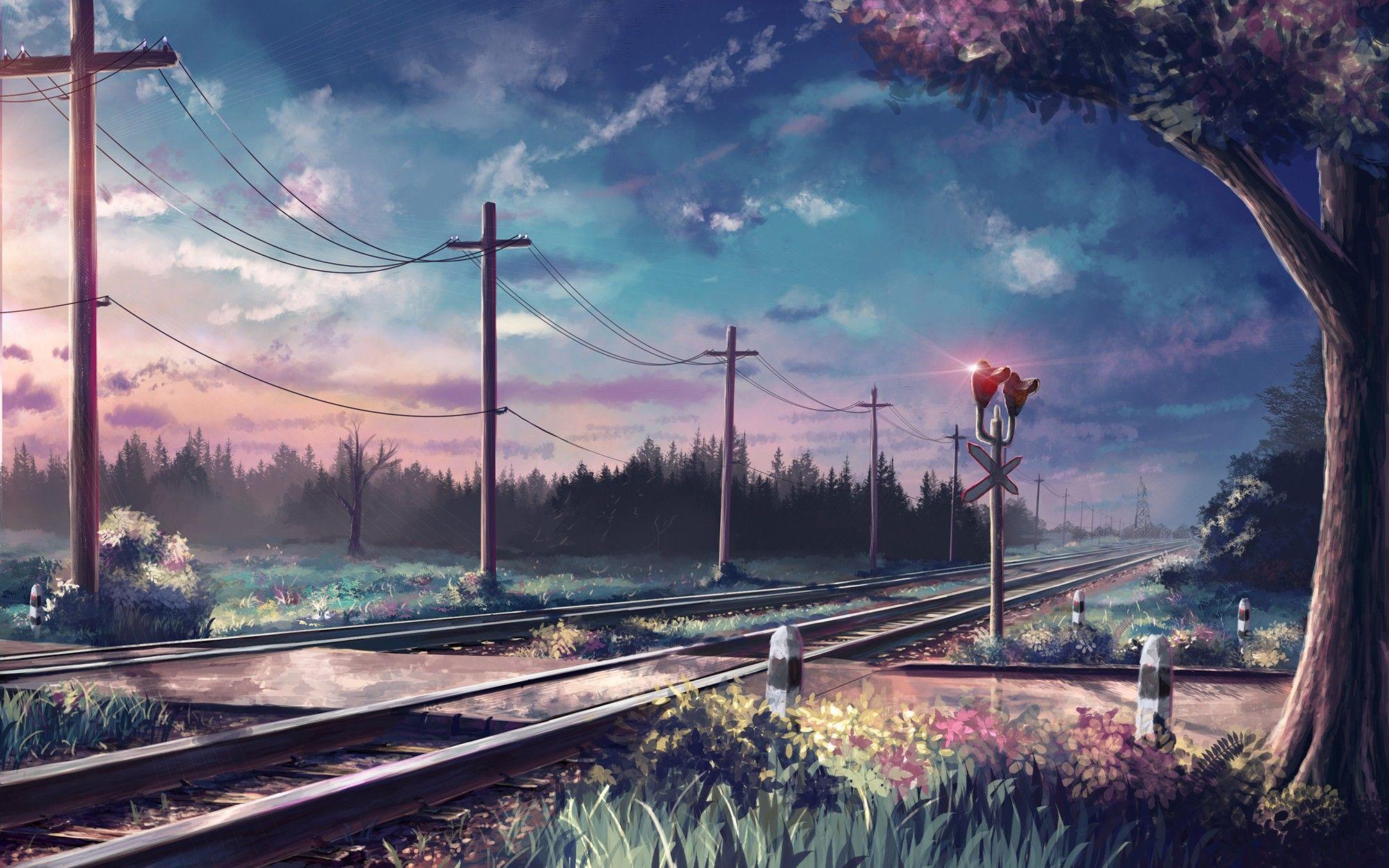 2000x1250 anime, fantasy, painting, landscape, railroad wallpaper