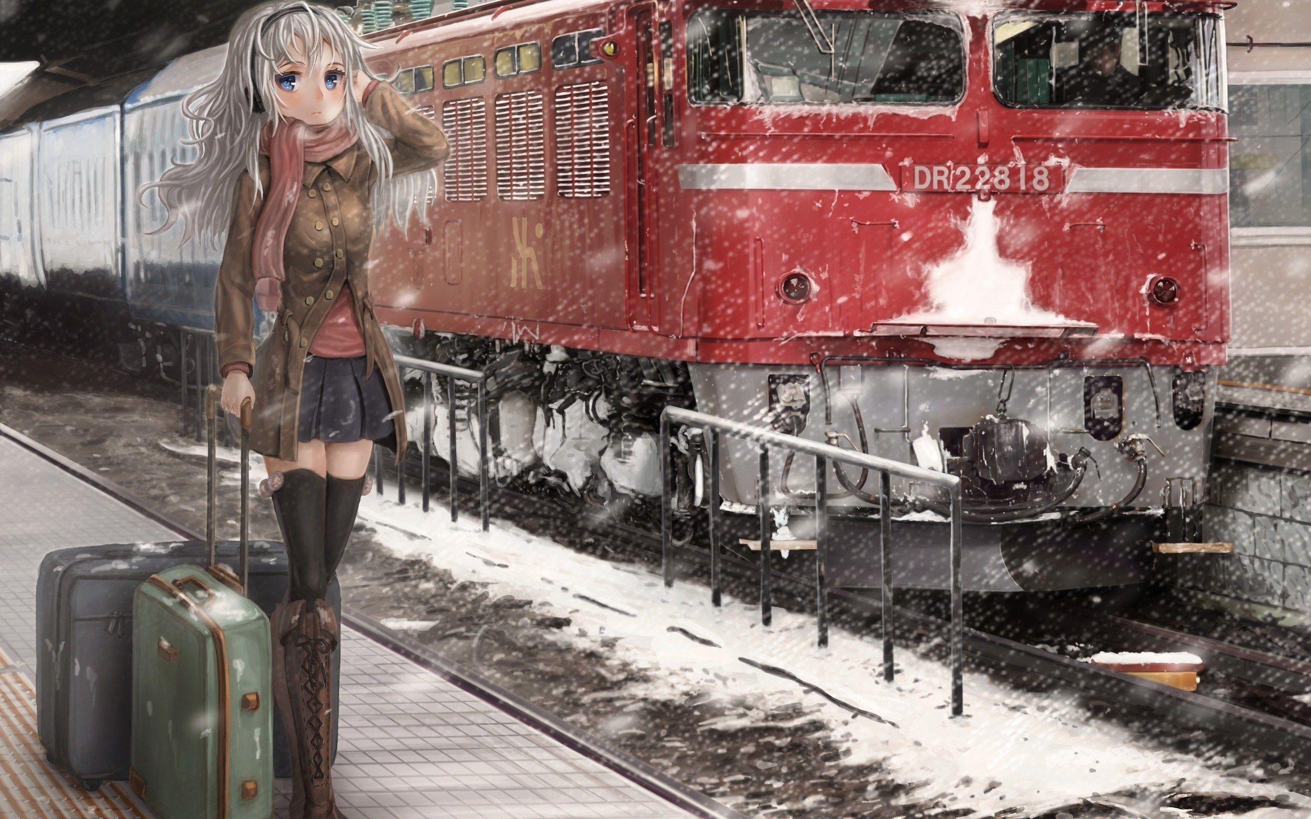 2560x1600 Lovely Anime Girl Winter Train Art